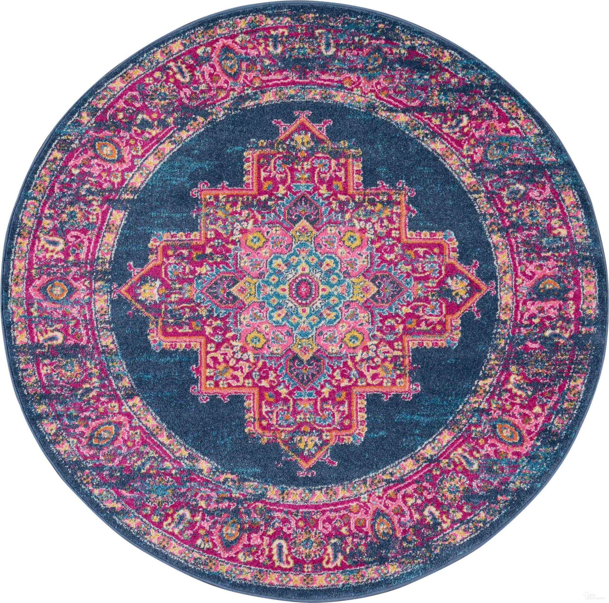The appearance of Passion Blue 4' x 4' Round Bohemian Area Rug designed by Nourison in the bohemian interior design. This blue piece of furniture was selected by 1StopBedrooms from Passion Collection to add a touch of cosiness and style into your home. Sku: 99446469236. Material: Polypropylene.