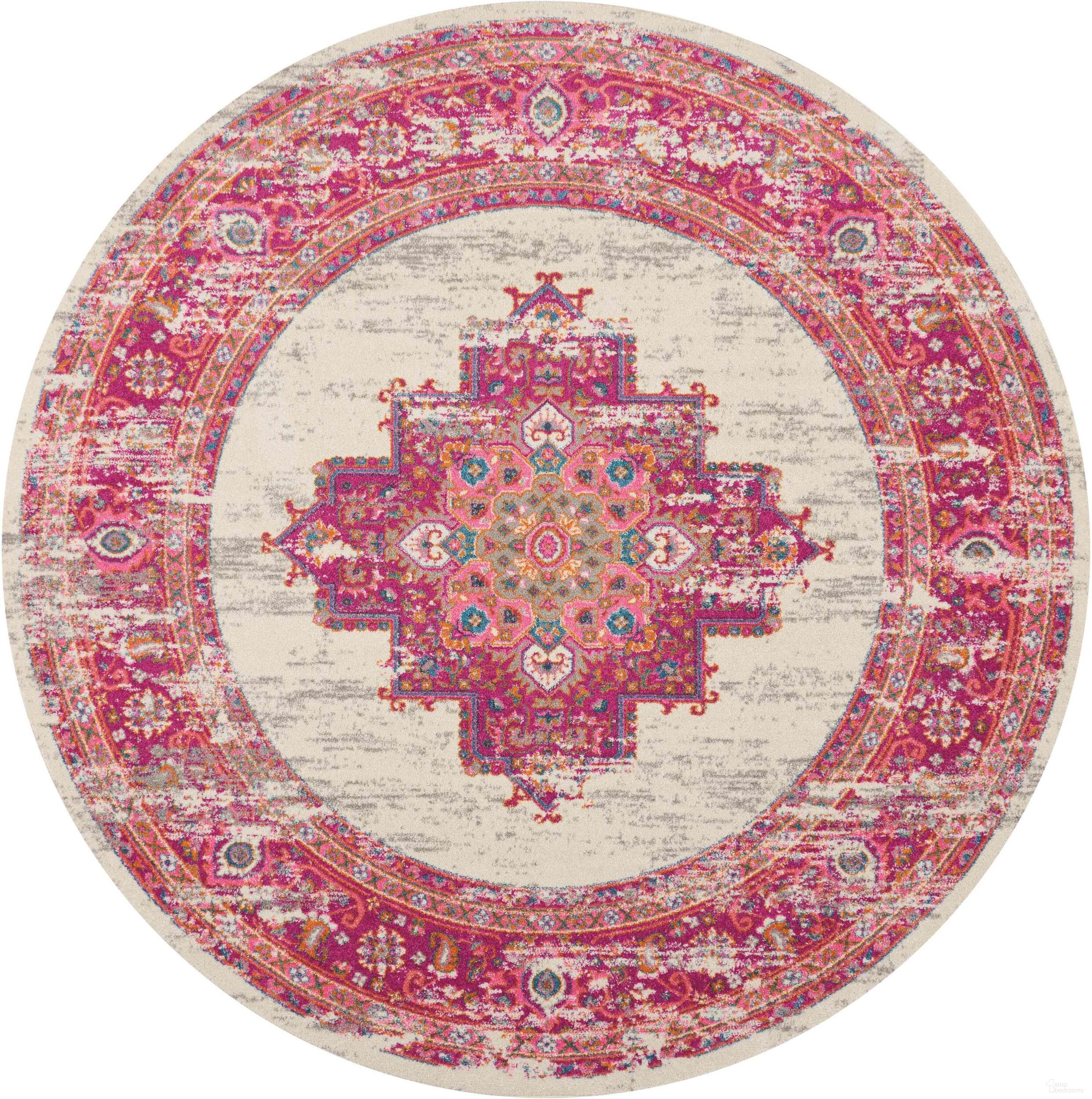 The appearance of Passion Ivory and Fuchsia 8' x 8' Round Area Rug designed by Nourison in the transitional interior design. This ivory and fuchsia piece of furniture was selected by 1StopBedrooms from Passion Collection to add a touch of cosiness and style into your home. Sku: 99446259677. Material: Polypropylene.