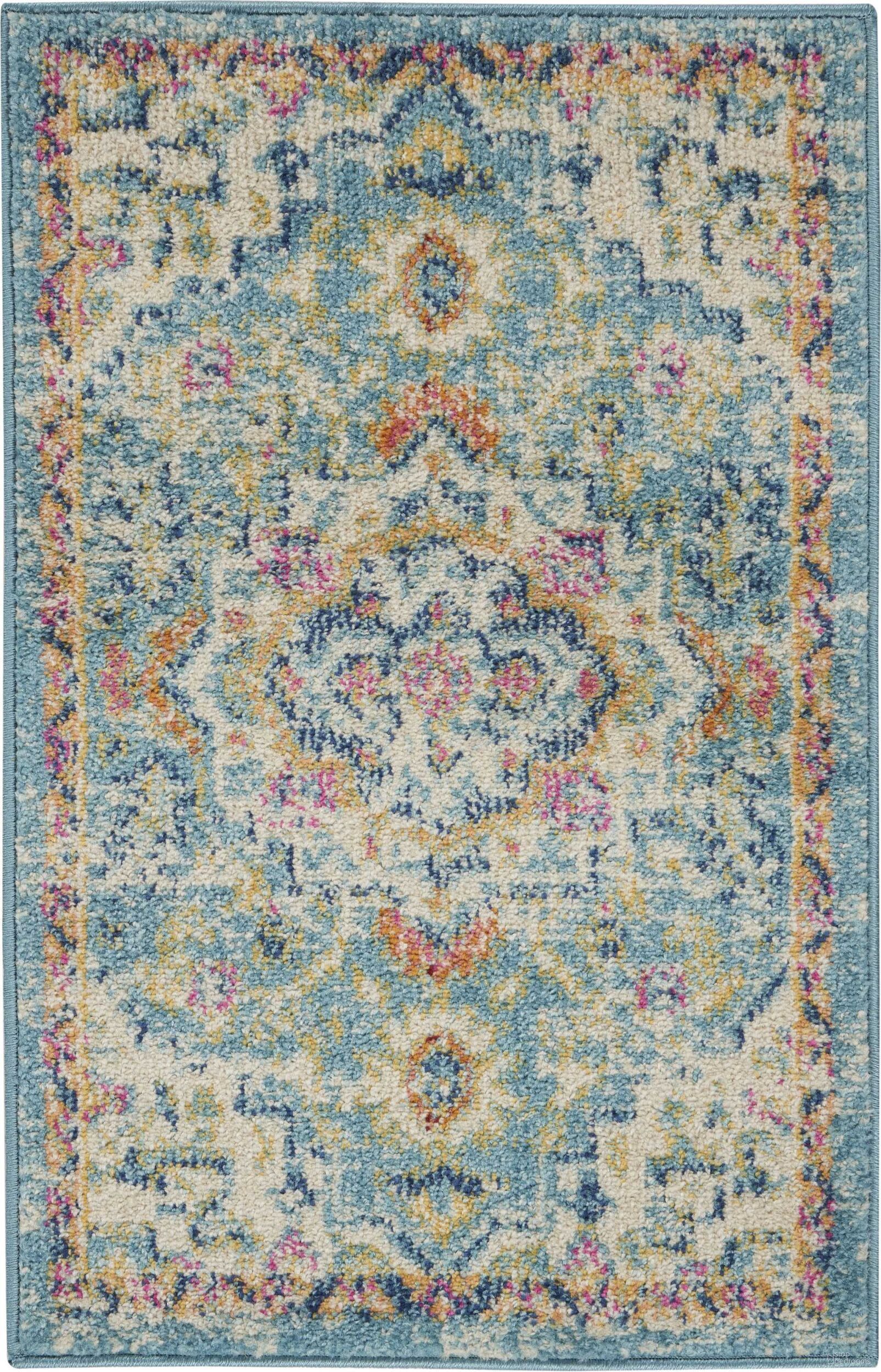 The appearance of Passion Ivory and Light Blue 1'10" x 2'10" Area Rug designed by Nourison in the transitional interior design. This ivory and light blue piece of furniture was selected by 1StopBedrooms from Passion Collection to add a touch of cosiness and style into your home. Sku: 99446747839. Material: Polypropylene.