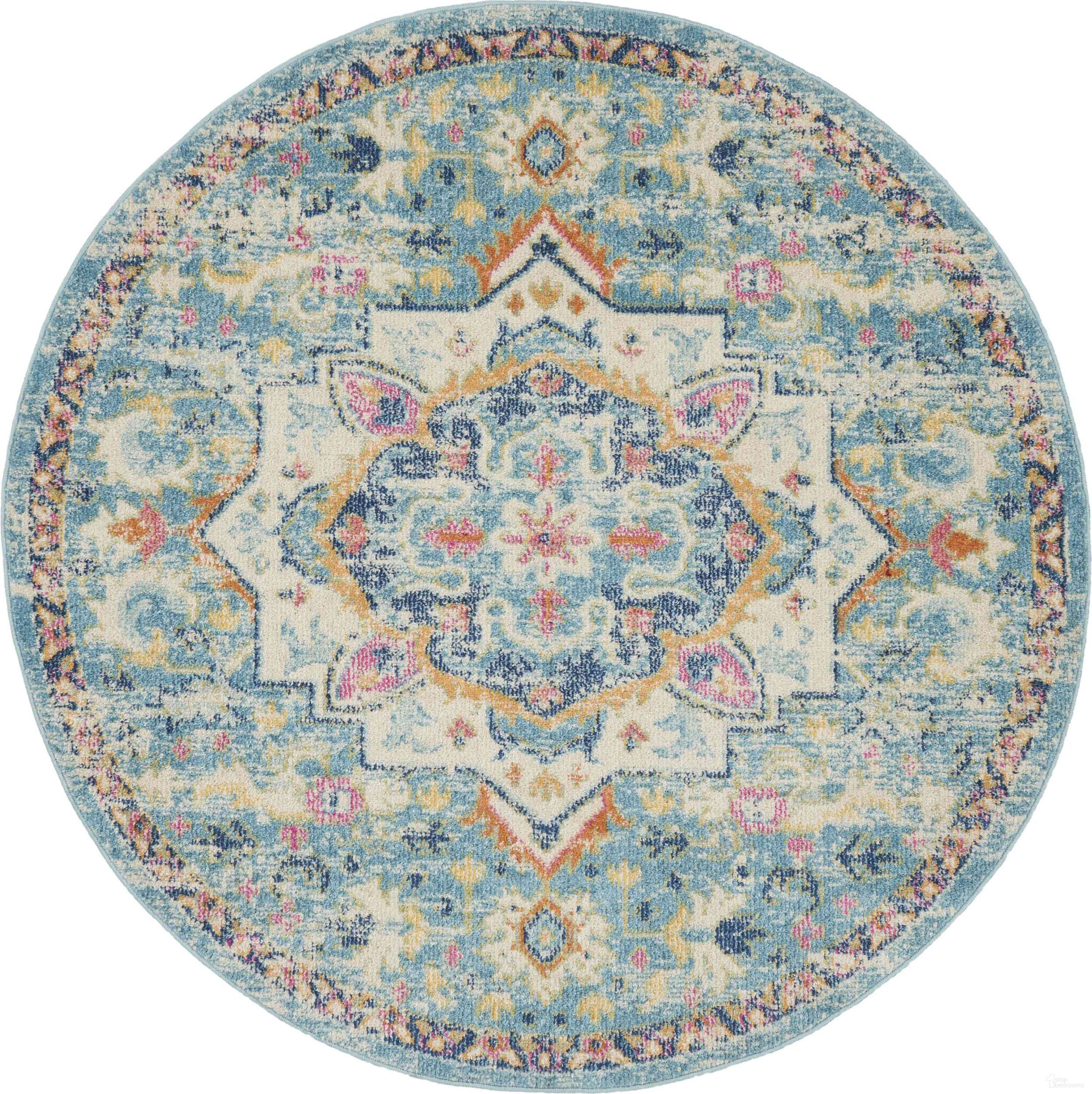 The appearance of Passion Ivory and Light Blue 4' x 4' Round Area Rug designed by Nourison in the transitional interior design. This ivory and light blue piece of furniture  was selected by 1StopBedrooms from Passion Collection to add a touch of cosiness and style into your home. Sku: 99446747921. Material: Polypropylene.