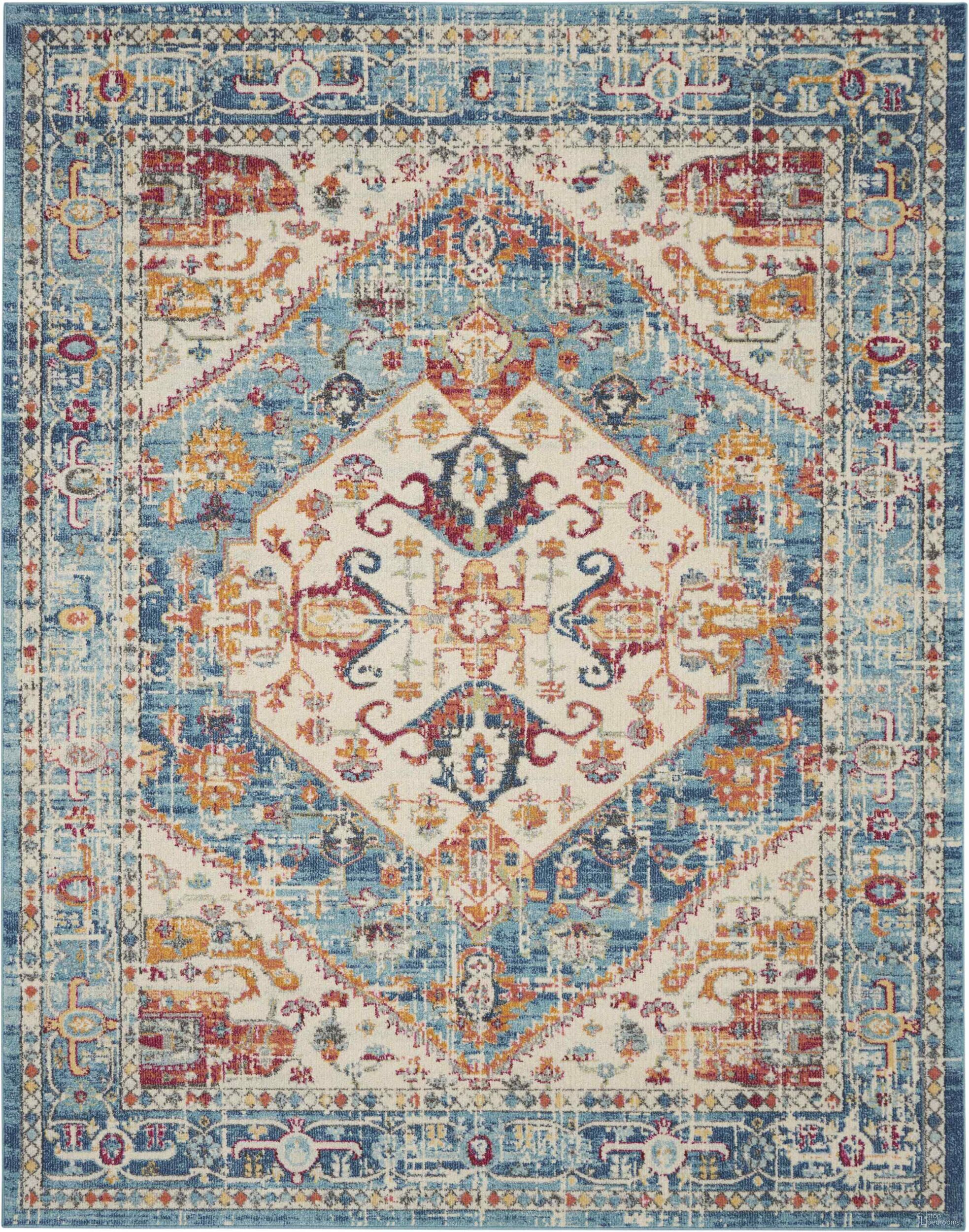 Passion Ivory and Light Blue 6'7" x 9'6" Bohemian Area Rug