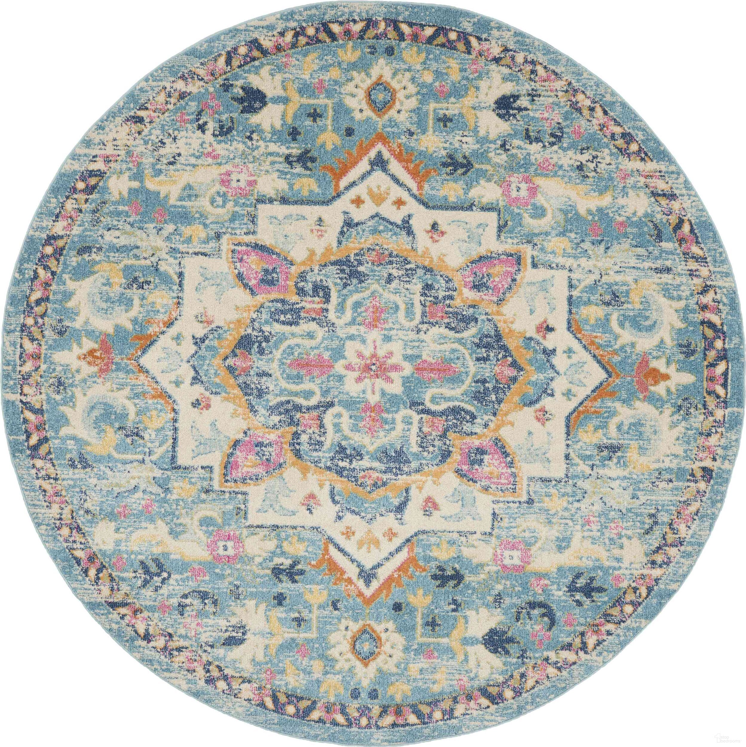 The appearance of Passion Ivory and Light Blue 8' x 8' Round Area Rug designed by Nourison in the transitional interior design. This ivory and light blue piece of furniture was selected by 1StopBedrooms from Passion Collection to add a touch of cosiness and style into your home. Sku: 99446748010. Material: Polypropylene.