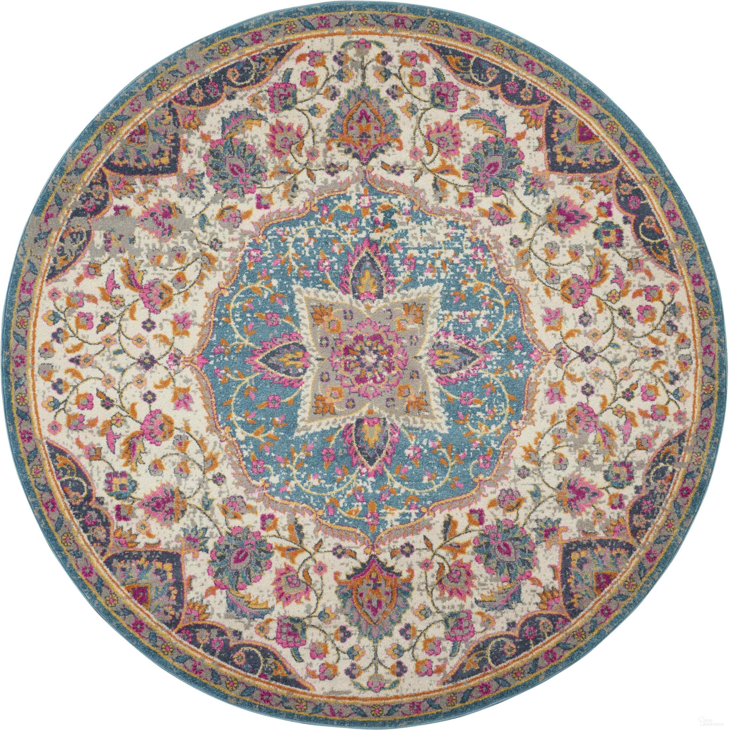 The appearance of Passion Ivory and Multi 8' x 8' Round Transitional Area Rug designed by Nourison in the transitional interior design. This ivory and multicolor piece of furniture was selected by 1StopBedrooms from Passion Collection to add a touch of cosiness and style into your home. Sku: 99446717849. Material: Polypropylene.