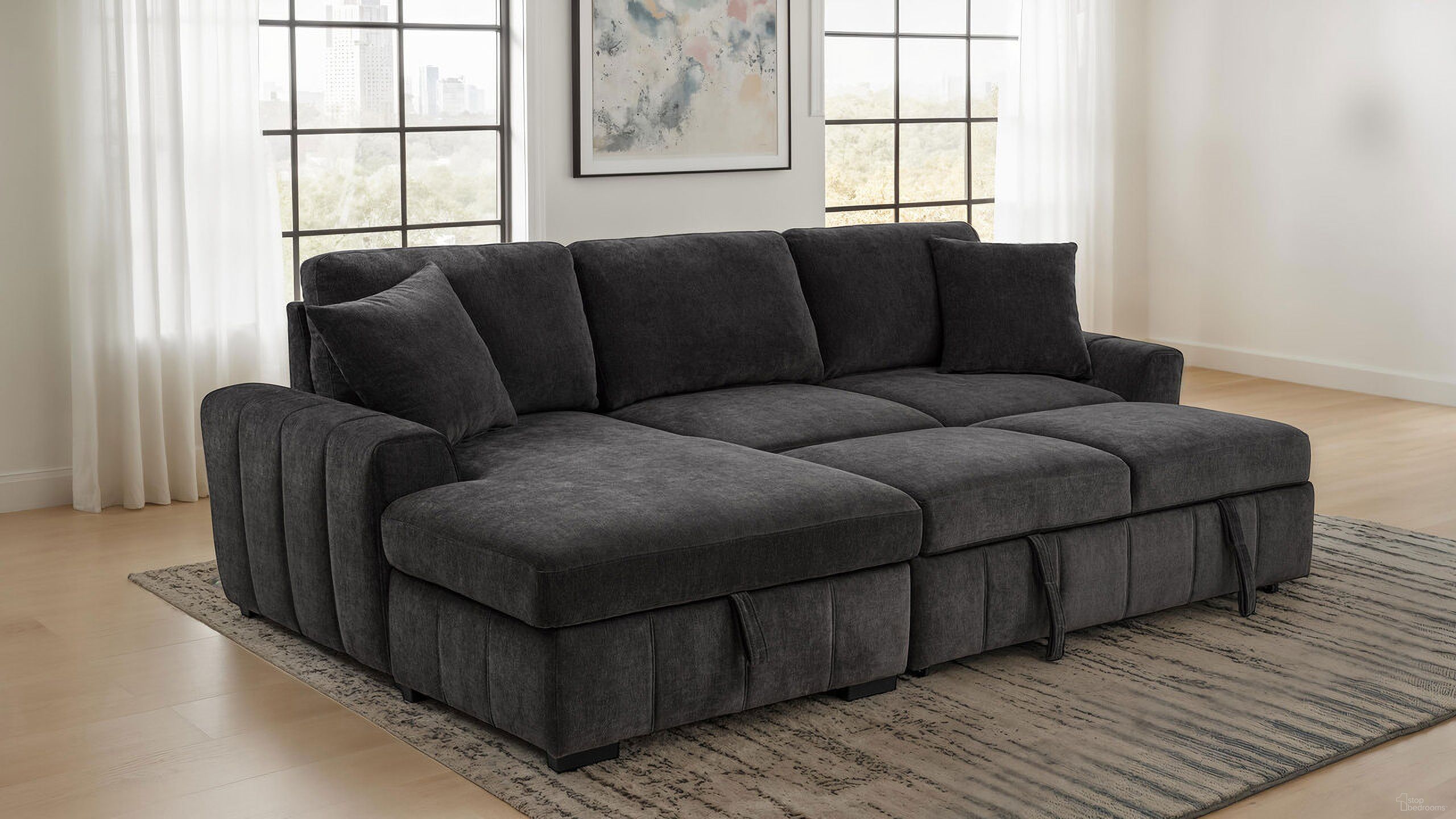 The appearance of Pastrana Upholstered Sleeper Sectional Sofa LAF Chaise In Charcoal Grey designed by Coaster in the transitional interior design. This charcoal grey piece of furniture was selected by 1StopBedrooms from Pastrana Collection to add a touch of cosiness and style into your home. Sku: 500349B1;500349B2. Material: Plywood.