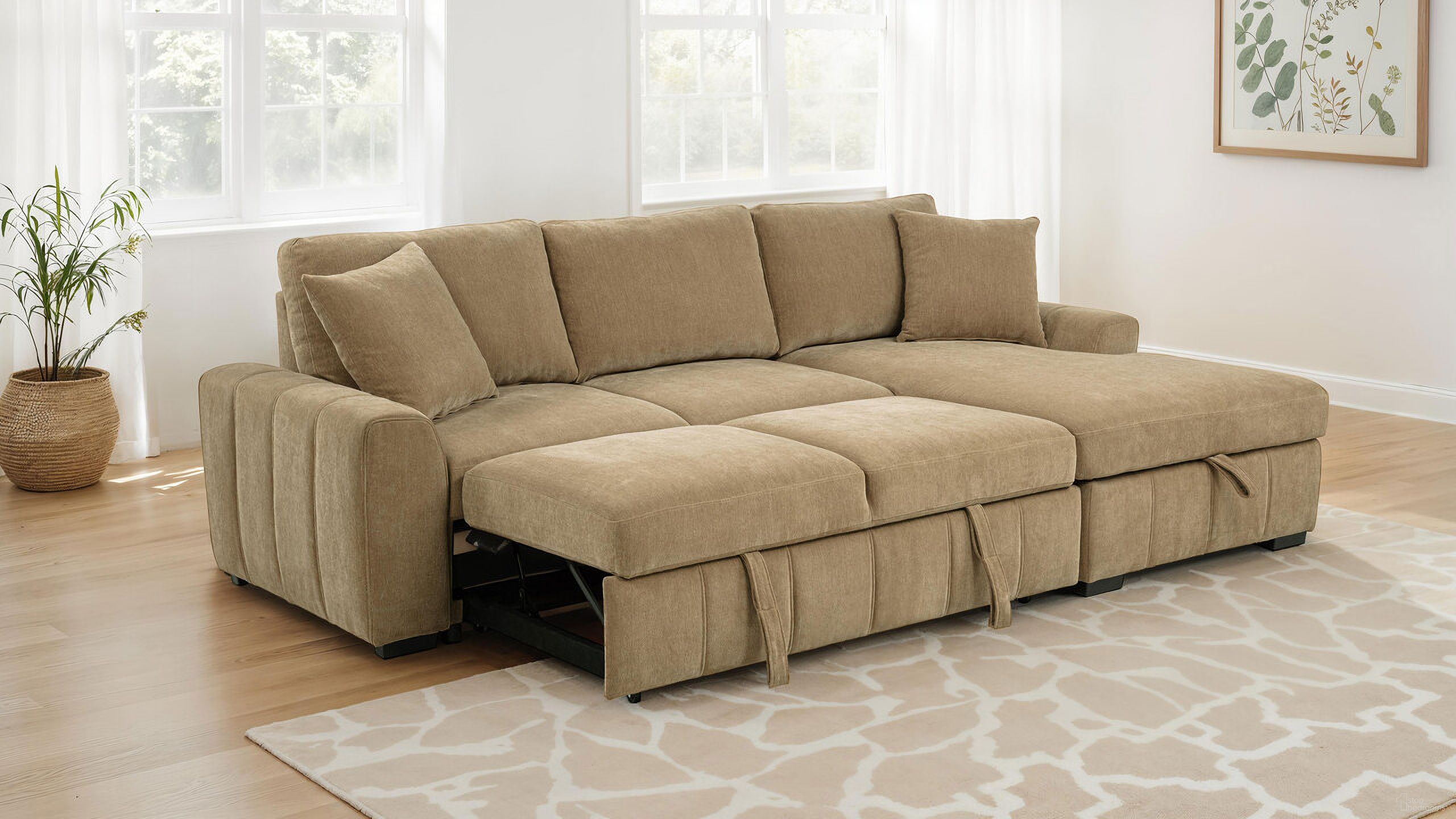The appearance of Pastrana Upholstered Sleeper Sectional Sofa RAF Chaise In Camel designed by Coaster in the transitional interior design. This camel piece of furniture was selected by 1StopBedrooms from Pastrana Collection to add a touch of cosiness and style into your home. Sku: 500348B1;500348B2. Material: Linen.