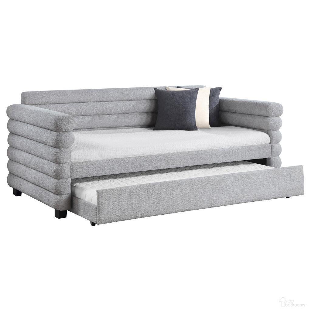 The appearance of Patricia Boucle Upholstered Twin Day Bed with Trundle In Grey designed by Coaster in the modern / contemporary interior design. This grey piece of furniture was selected by 1StopBedrooms from Patricia Collection to add a touch of cosiness and style into your home. Sku: 300718B1;300718B2. Bed Type: Daybed. Material: Upholstered. Bed Size: Twin.
