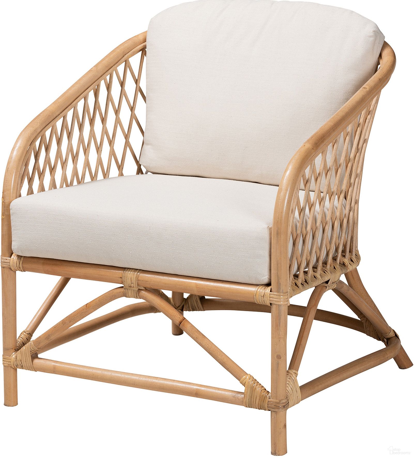 Patsy Fabric and Rattan Armchair In White and Natural Brown