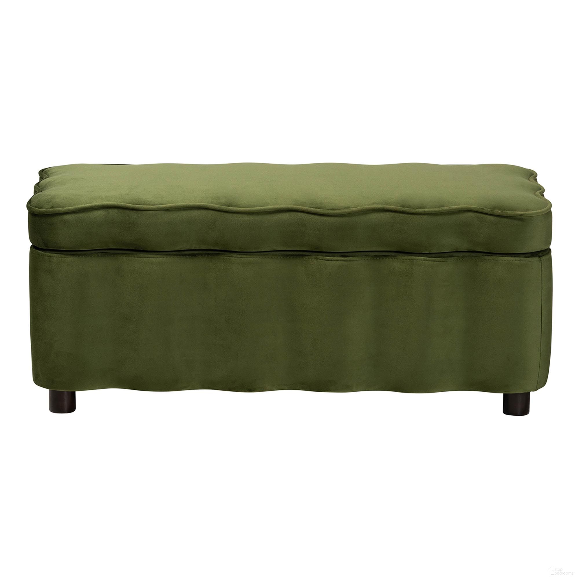 The appearance of Paulina Velvet Lift Top Accent Bench with Interior Storage and Scalloped Outline In Black and Moss Green designed by Baxton Studio in the modern / contemporary interior design. This black/moss green piece of furniture  was selected by 1StopBedrooms from Paulina Collection to add a touch of cosiness and style into your home. Sku: BBT3246-Moss Green Velvet-Storage-Bench. Material: Polyester.