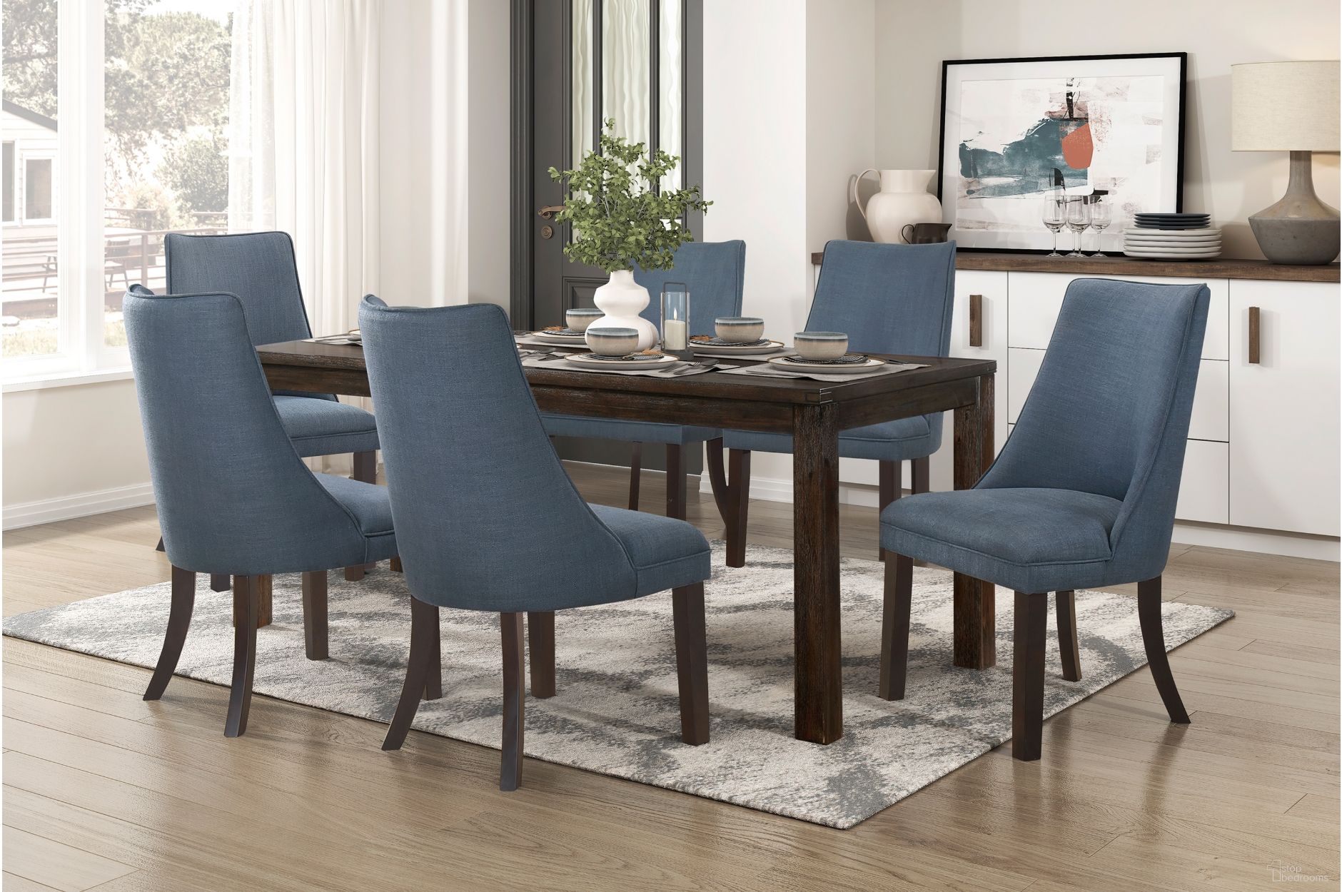 The appearance of Paulson Rectangular Dining Set In Blue and Walnut designed by Homelegance in the modern / contemporary interior design. This brown and walnut piece of furniture was selected by 1StopBedrooms from Paulson Collection to add a touch of cosiness and style into your home. Sku: 5976-79;5978CGS. Material: Wood. Table Top Shape: Rectangular. Size: 36" x 79".