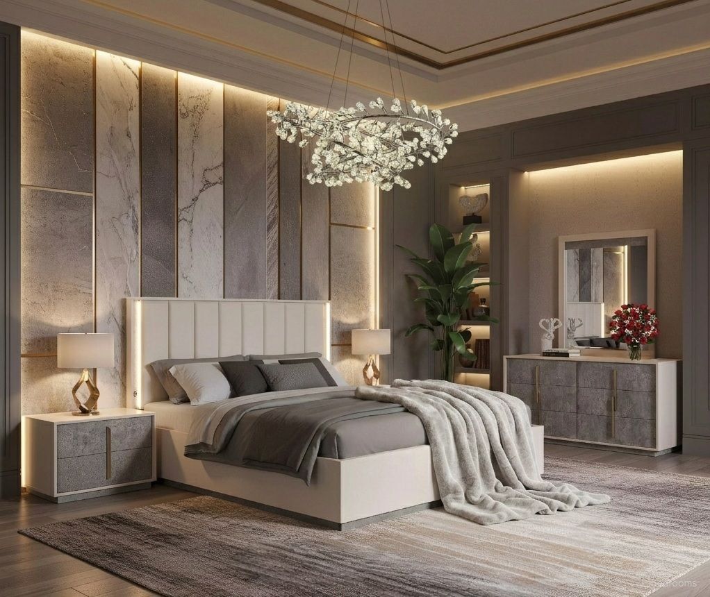 Pavira Bedroom Set with LED Lights In Stone
