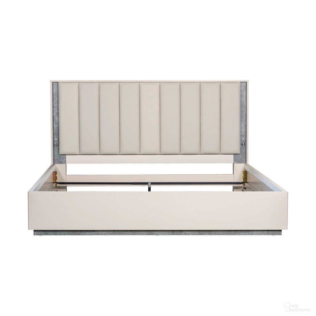 The appearance of Pavira Eastern King Bed with LED Lights In Stone designed by Michael Amini in the modern / contemporary interior design. This stone piece of furniture  was selected by 1StopBedrooms from Pavira Collection to add a touch of cosiness and style into your home. Sku: 9023014-837;9023137-837;9000238-00. Bed Type: Panel Bed. Material: Wood. Bed Size: King.