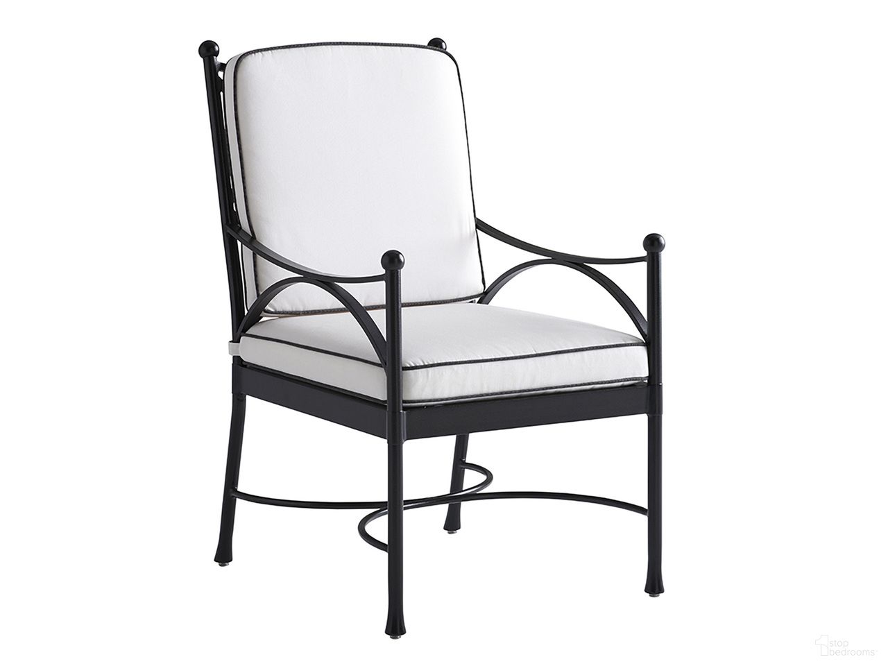 The appearance of Pavlova Arm Dining Chair In Graphite designed by Tommy Bahama in the transitional interior design. This graphite piece of furniture  was selected by 1StopBedrooms from Pavlova Collection to add a touch of cosiness and style into your home. Sku: 3911-13-01. Material: Aluminum.