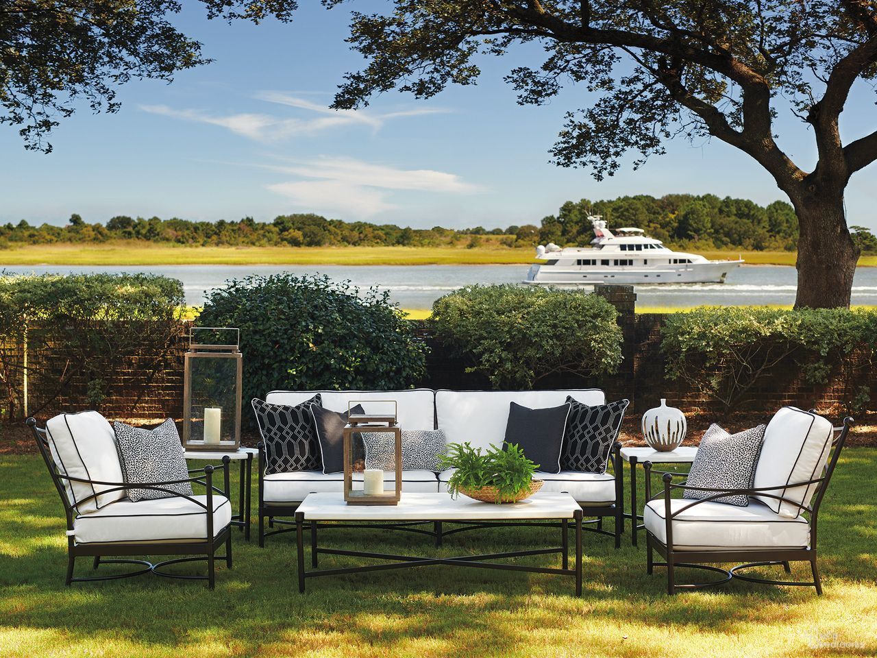 The appearance of Pavlova Performance Fabric Outdoor Conversation Set In Graphite designed by Tommy Bahama in the transitional interior design. This graphite piece of furniture  was selected by 1StopBedrooms from Pavlova Collection to add a touch of cosiness and style into your home. Sku: 3911-33-01;3911-22-01. Material: Aluminum.