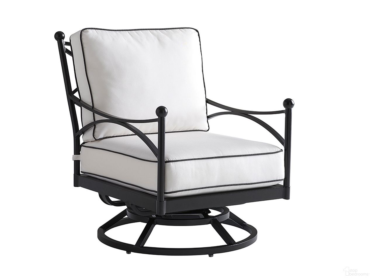 The appearance of Pavlova Swivel Lounge Chair In Graphite designed by Tommy Bahama in the transitional interior design. This graphite piece of furniture  was selected by 1StopBedrooms from Pavlova Collection to add a touch of cosiness and style into your home. Sku: 3911-11SW-01. Material: Aluminum.