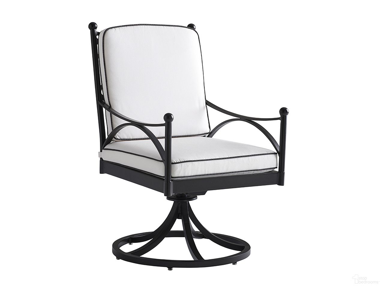 The appearance of Pavlova Swivel Rocker Dining Chair In Graphite designed by Tommy Bahama in the transitional interior design. This graphite piece of furniture  was selected by 1StopBedrooms from Pavlova Collection to add a touch of cosiness and style into your home. Sku: 3911-13SR-01. Material: Aluminum.