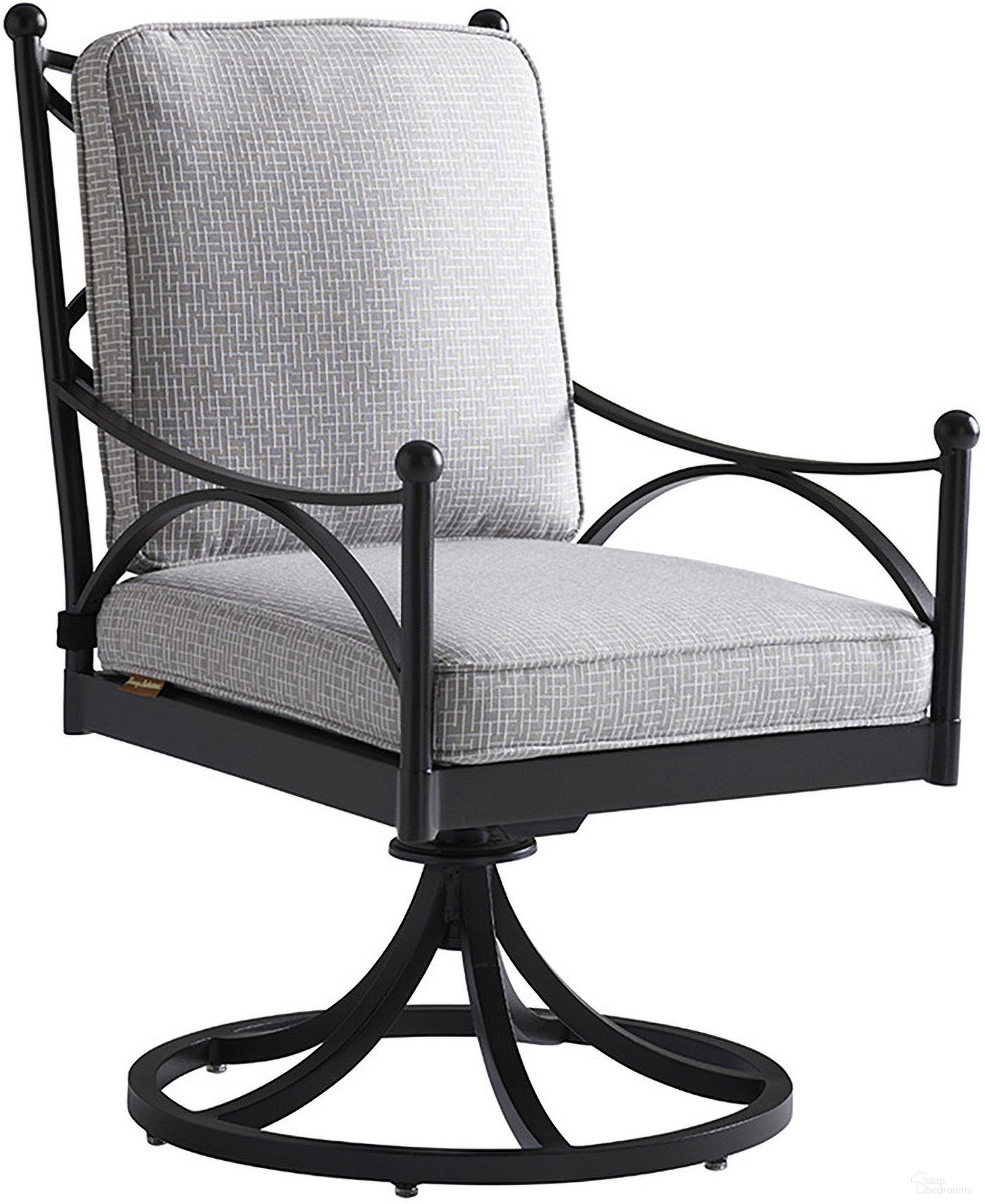 The appearance of Pavlova Swivel Rocker Dining Chair In Graphite designed by Tommy Bahama in the modern / contemporary interior design. This graphite piece of furniture  was selected by 1StopBedrooms from Pavlova Collection to add a touch of cosiness and style into your home. Sku: 3910-13SR-40. Material: Aluminum.