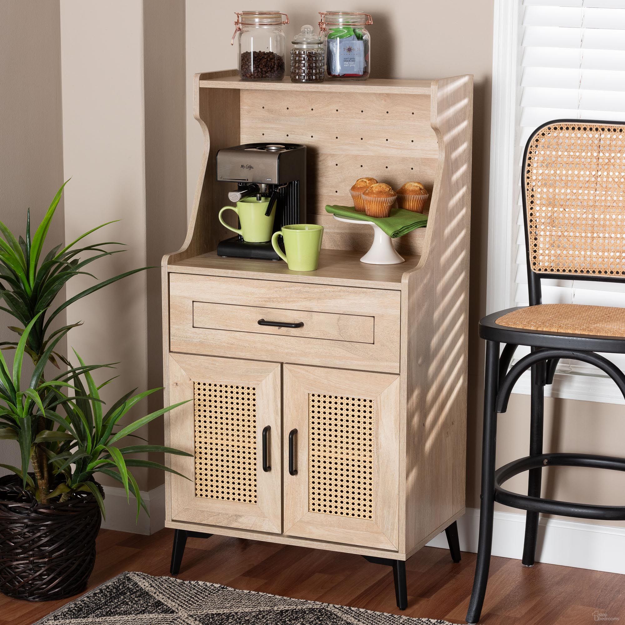 The appearance of Pavone Wood Kitchen Cabinet In Oak Brown and Black designed by Baxton Studio in the transitional interior design. This oak and black piece of furniture was selected by 1StopBedrooms from Pavone Collection to add a touch of cosiness and style into your home. Sku: FP-2402-2001B-Natural/Black-Kitchen Cabinet. Material: Particle Board.
