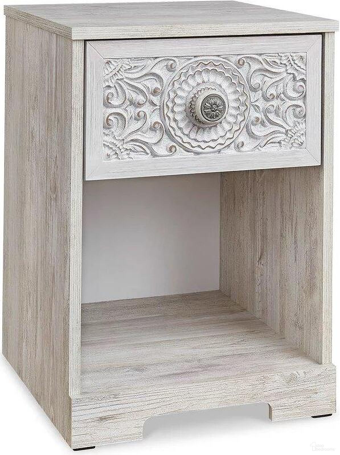 The appearance of Paxberry Nightstand In Washed White designed by Signature Design by Ashley in the transitional interior design. This washed white piece of furniture was selected by 1StopBedrooms from Paxberry Collection to add a touch of cosiness and style into your home. Sku: EB1811-191. Material: Wood.