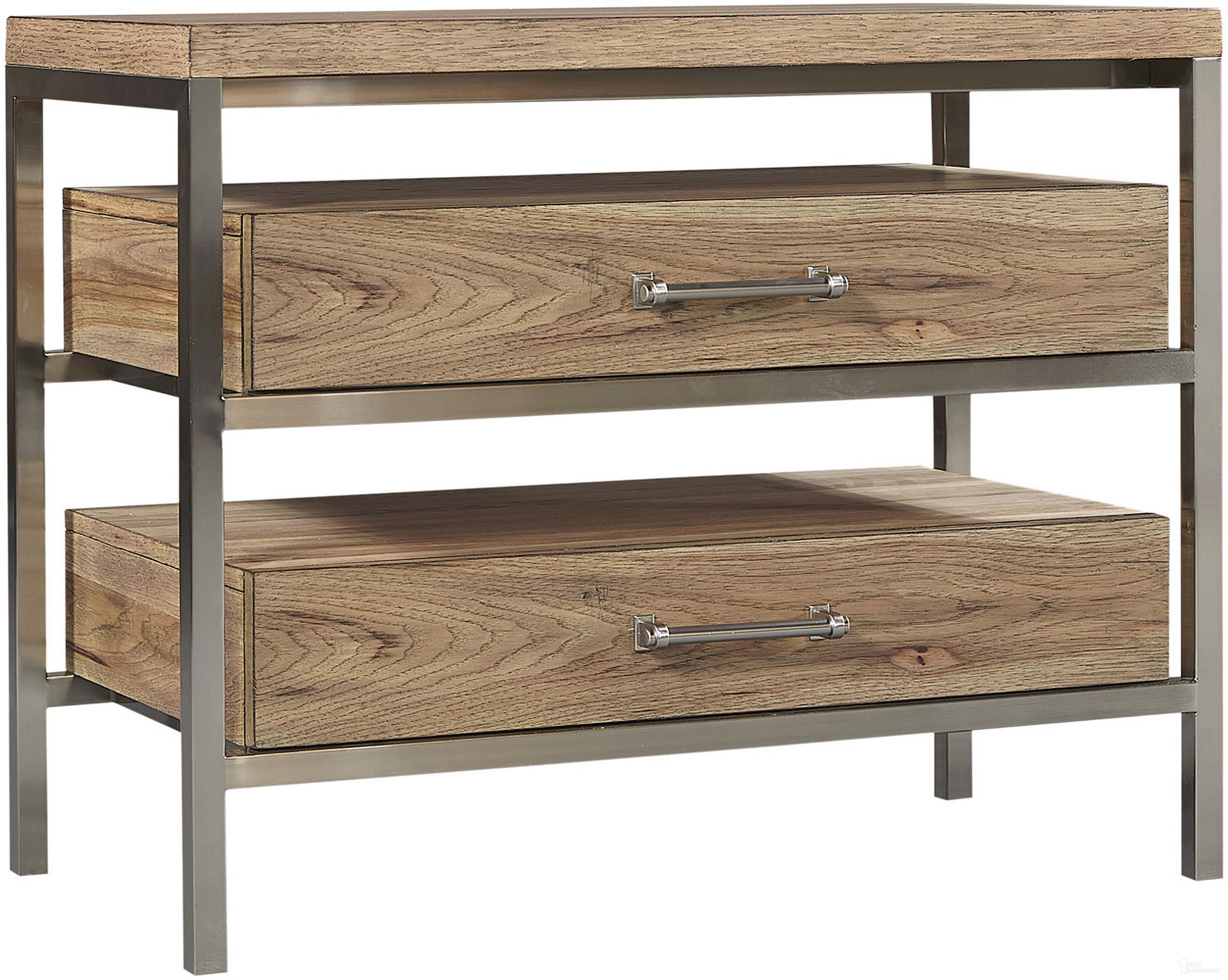 The appearance of Paxton 2 Drawer Metal Nightstand In Light Brown designed by Aspenhome in the modern / contemporary interior design. This light brown piece of furniture was selected by 1StopBedrooms from Paxton Collection to add a touch of cosiness and style into your home. Sku: I262-451. Material: Wood.