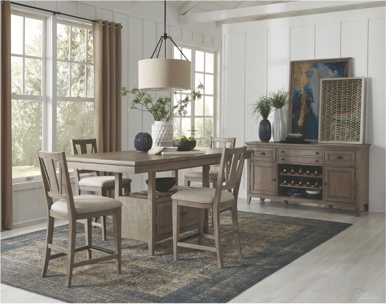 The appearance of Paxton Place Dovetail Grey Extendable Counter Height Dining Room Set designed by Magnussen in the transitional interior design. This brown piece of furniture was selected by 1StopBedrooms from Paxton Place Collection to add a touch of cosiness and style into your home. Sku: D4805-42;D4805-82. Table Base Style: Trestle. Size: 38" x 60". Material: Pine Veneer.