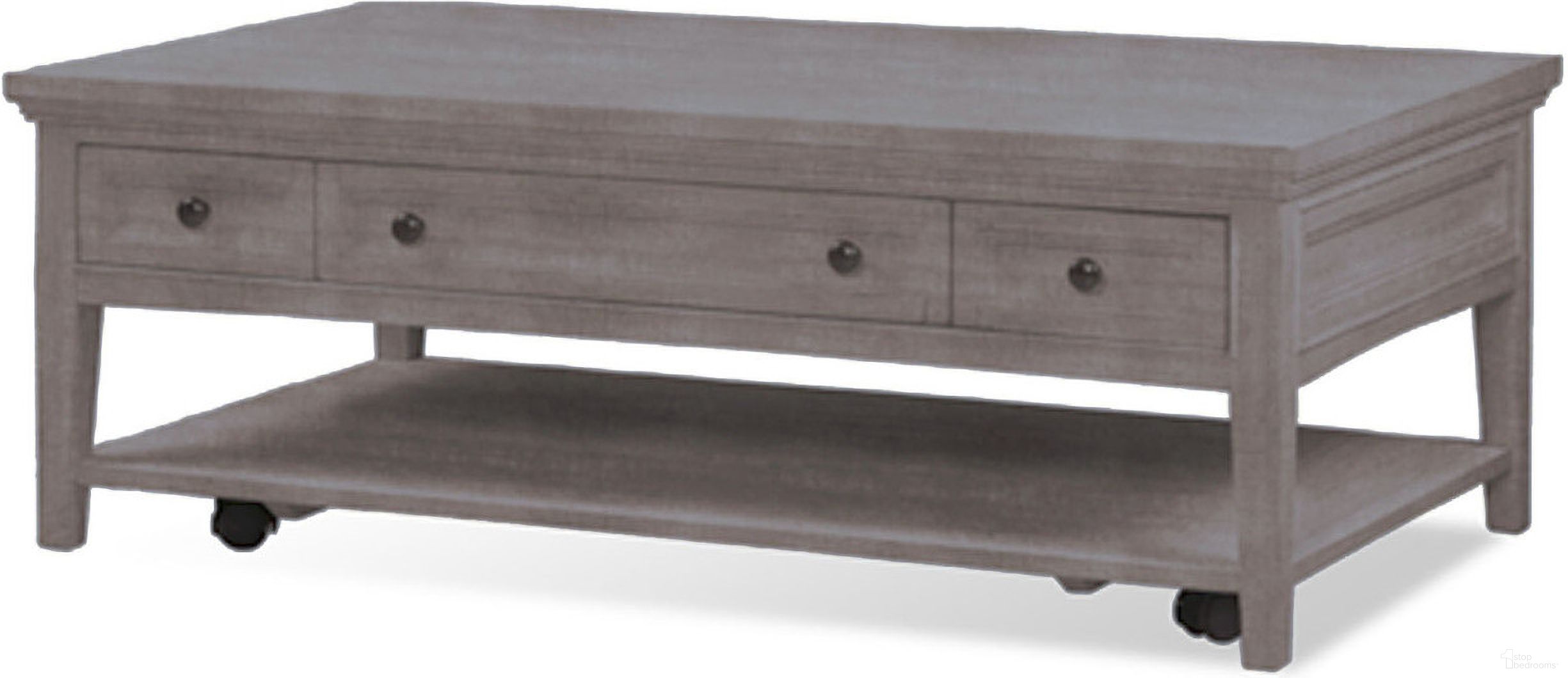 The appearance of Paxton Place Rectangular Cocktail Table with Casters In Dovetail Gray designed by Magnussen in the modern / contemporary interior design. This dove gray piece of furniture was selected by 1StopBedrooms from Paxton Place Collection to add a touch of cosiness and style into your home. Sku: T4805-43. Material: Pine Veneer.