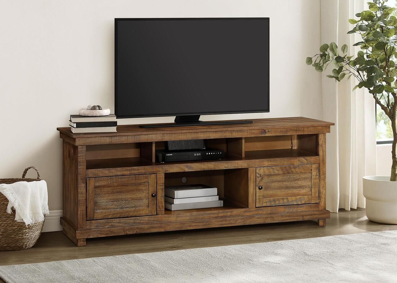 The appearance of Payne 70 Inch TV Stand Media Console In Distressed Brown designed by Coaster in the country / farmhouse interior design. This distressed brown piece of furniture  was selected by 1StopBedrooms from Payne Collection to add a touch of cosiness and style into your home. Sku: 710043. Material: Wood.
