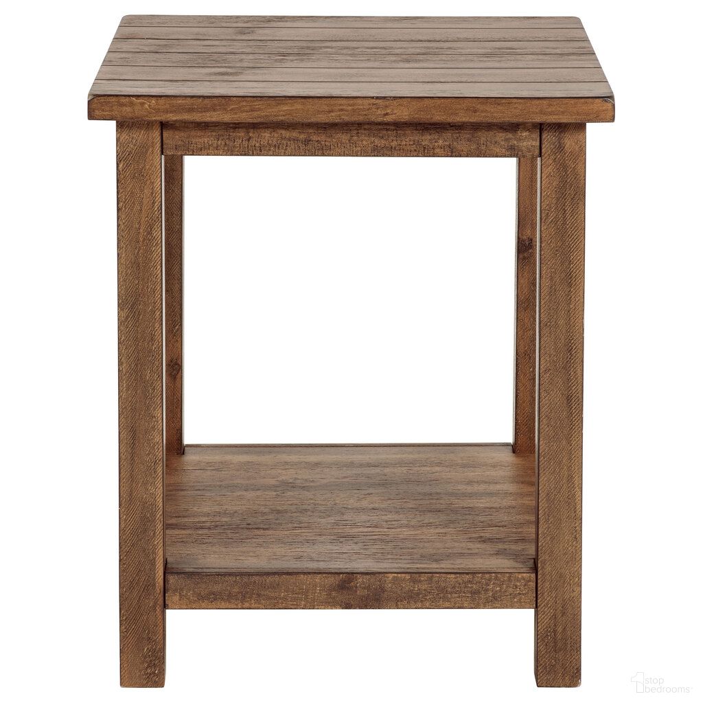 The appearance of Payne Wood End Table with Shelf In Distressed Brown designed by Coaster in the country / farmhouse interior design. This distressed brown piece of furniture  was selected by 1StopBedrooms from Payne Collection to add a touch of cosiness and style into your home. Sku: 710546. Material: MDF.