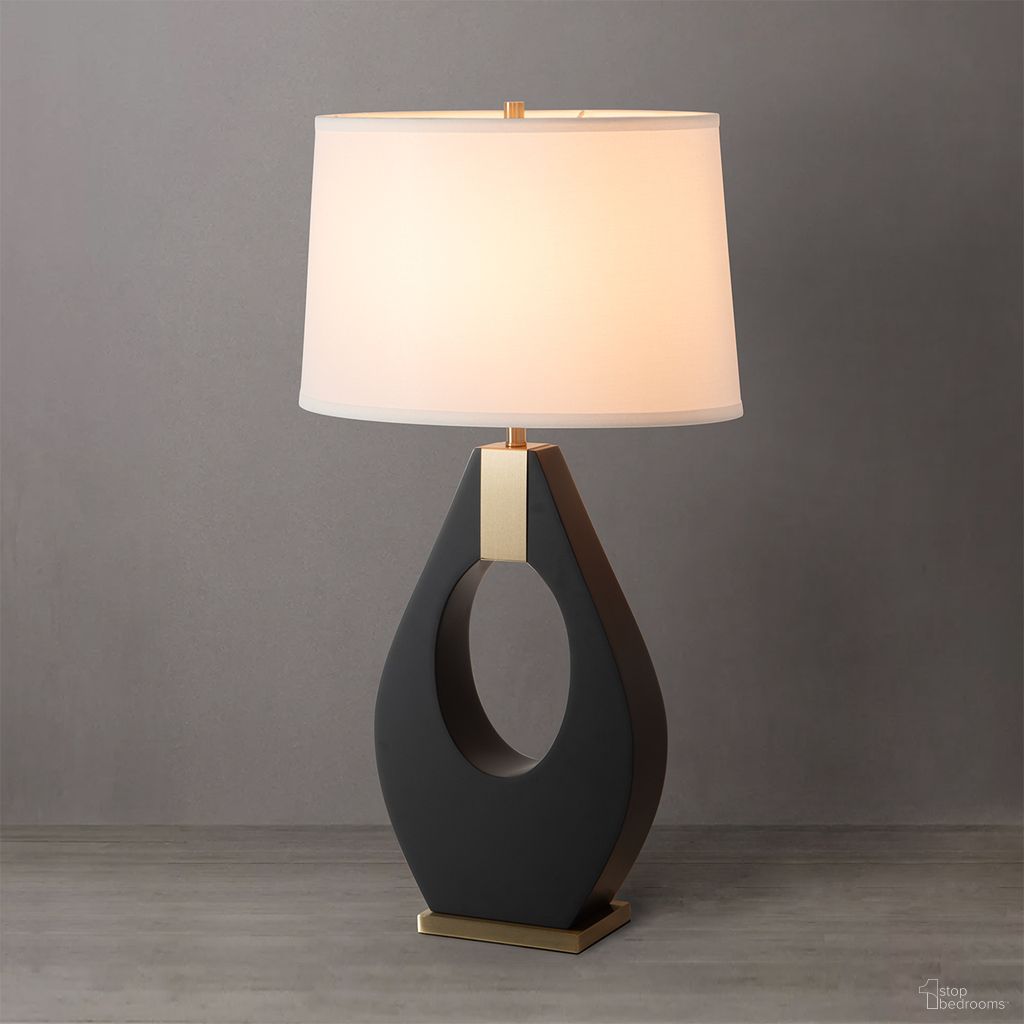 Pearson White Cotton-Linen Shade Table Lamp In Ebony and Weathered Brass