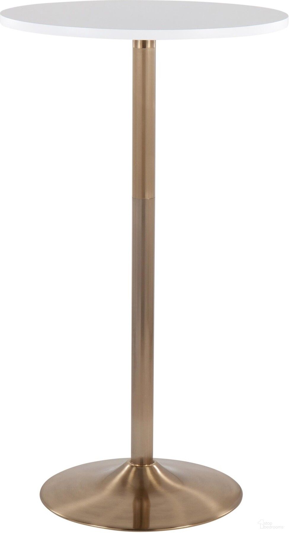 The appearance of Pebble Adjustable Dining to Bar Table in Gold Metal and White Wood designed by Lumisource in the modern / contemporary interior design. This white and gold piece of furniture  was selected by 1StopBedrooms from Pebble Collection to add a touch of cosiness and style into your home. Sku: T3042-PEB AUW. Table Base Style: Pedestal. Table Top Shape: Round. Material: MDF.