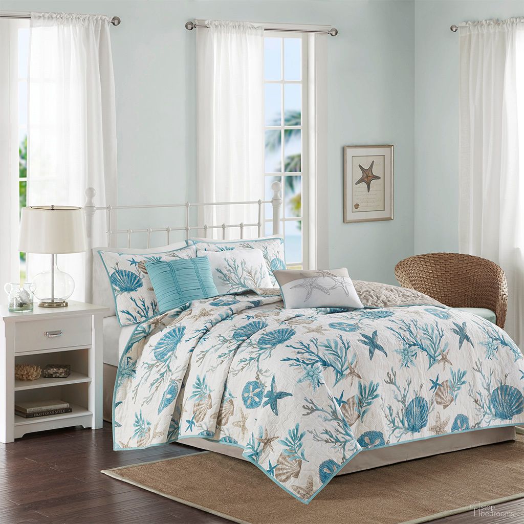 The appearance of Pebble Beach 6 Piece Cotton Sateen Full/Queen Quilt Set with Throw Pillows In Aqua designed by Olliix in the coastal interior design. This aqua piece of furniture was selected by 1StopBedrooms from Pebble Beach Collection to add a touch of cosiness and style into your home. Sku: MP13-8077. Bed Size: Full. Material: Cotton.