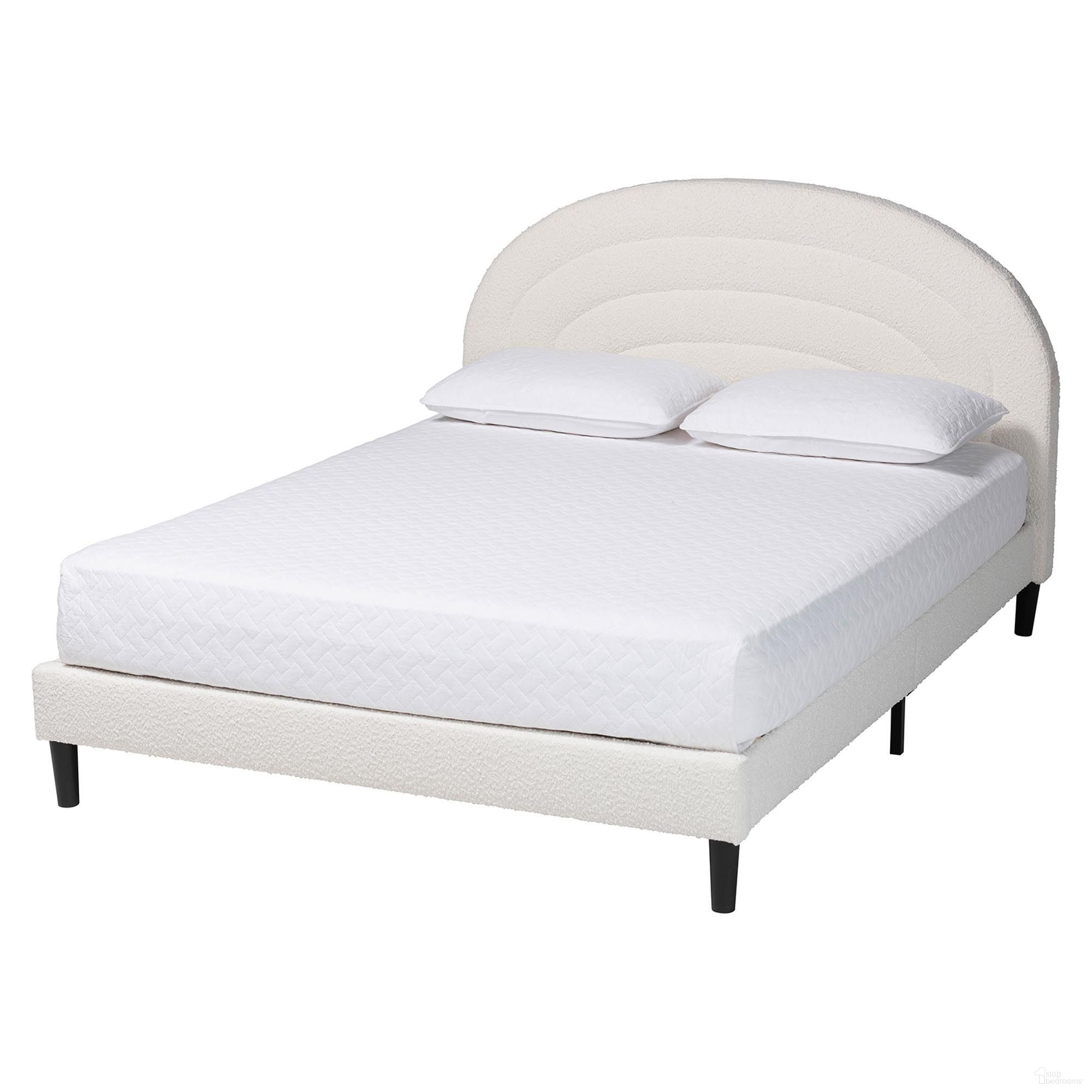 The appearance of Pelagia Boucle Queen Upholstered Platform Bed In Cream designed by Baxton Studio in the modern / contemporary interior design. This cream piece of furniture  was selected by 1StopBedrooms from Pelagia Collection to add a touch of cosiness and style into your home. Sku: BBT61319-Cream Boucle-Queen. Bed Type: Platform Bed. Bed Size: Queen. Material: Boucle Fabric.