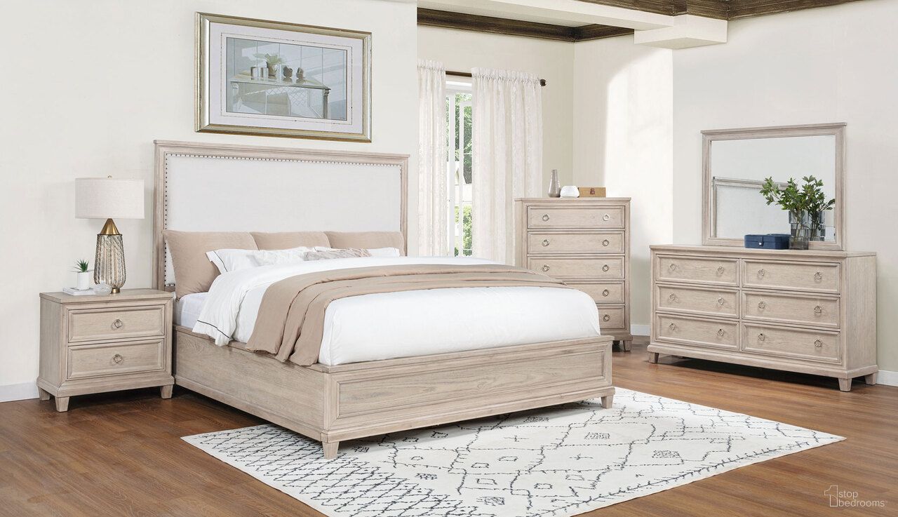 The appearance of Pembroke Panel Bedroom Set In Washed Oak designed by Coaster in the coastal interior design. This washed oak piece of furniture was selected by 1StopBedrooms from Pembroke Collection to add a touch of cosiness and style into your home. Sku: 215921QB1;215921QB2;215921QB3;215922. Material: Fabric. Bed Size: California King.