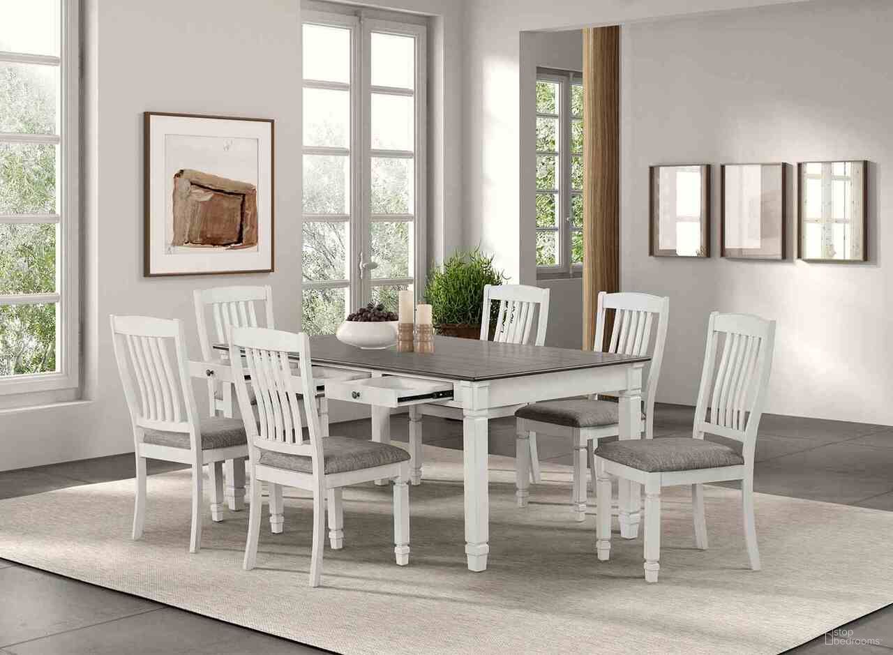 The appearance of Pendola Dining Room Set In Rustic White designed by Furniture of America in the rustic / southwestern interior design. This rustic white piece of furniture was selected by 1StopBedrooms from Pendola Collection to add a touch of cosiness and style into your home. Sku: FM3427WH-T;FM3427WH-SC-2PK. Table Top Shape: Rectangular. Material: Engineered Wood. Size: 40" x 72".