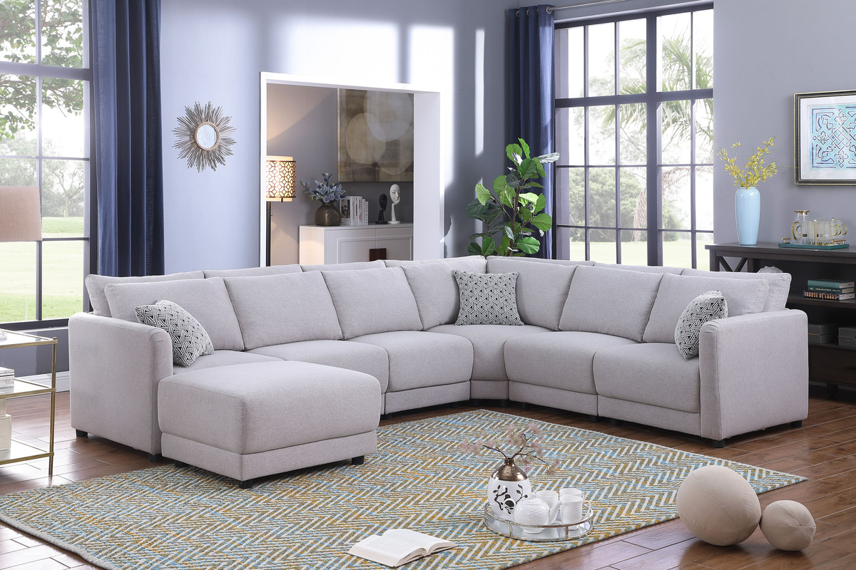 Penelope Light Gray Linen Fabric Reversible 7Pc Modular Sectional Sofa ...