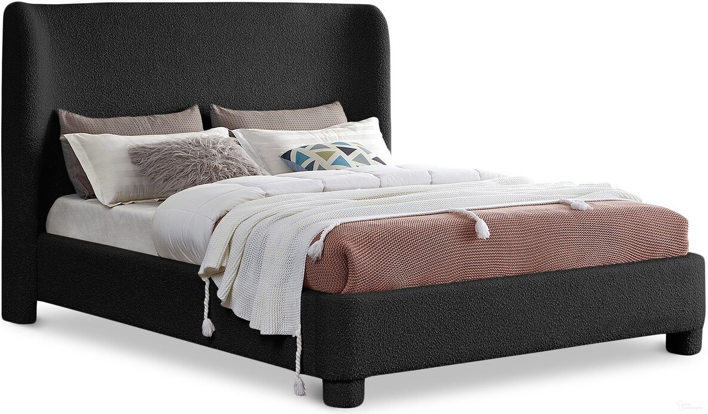 The appearance of Penny Boucle Fabric King Bed In Black designed by Meridian in the modern / contemporary interior design. This black piece of furniture  was selected by 1StopBedrooms from Penny Collection to add a touch of cosiness and style into your home. Sku: B1206Black-K Box 1/2 (Headboard / Footboard / Slats / Hardware);B1206Black-K Box 2/2 (Rails / Center Support Bar). Bed Size: King. Material: Plywood. Bed Type: Upholstered Bed.