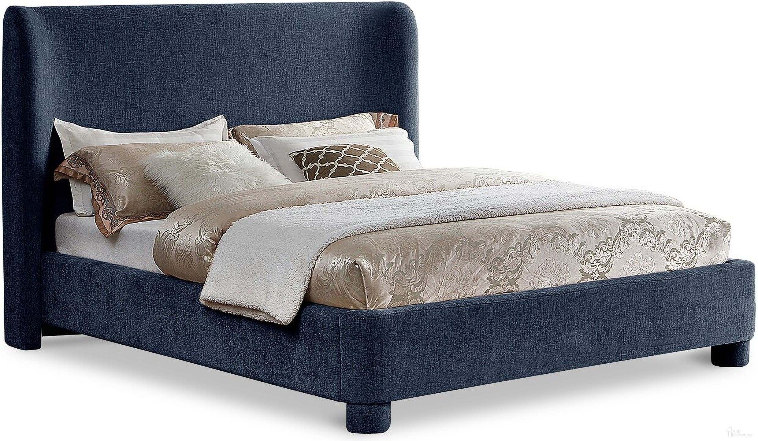 Penny Chenille Fabric Queen Bed In Navy