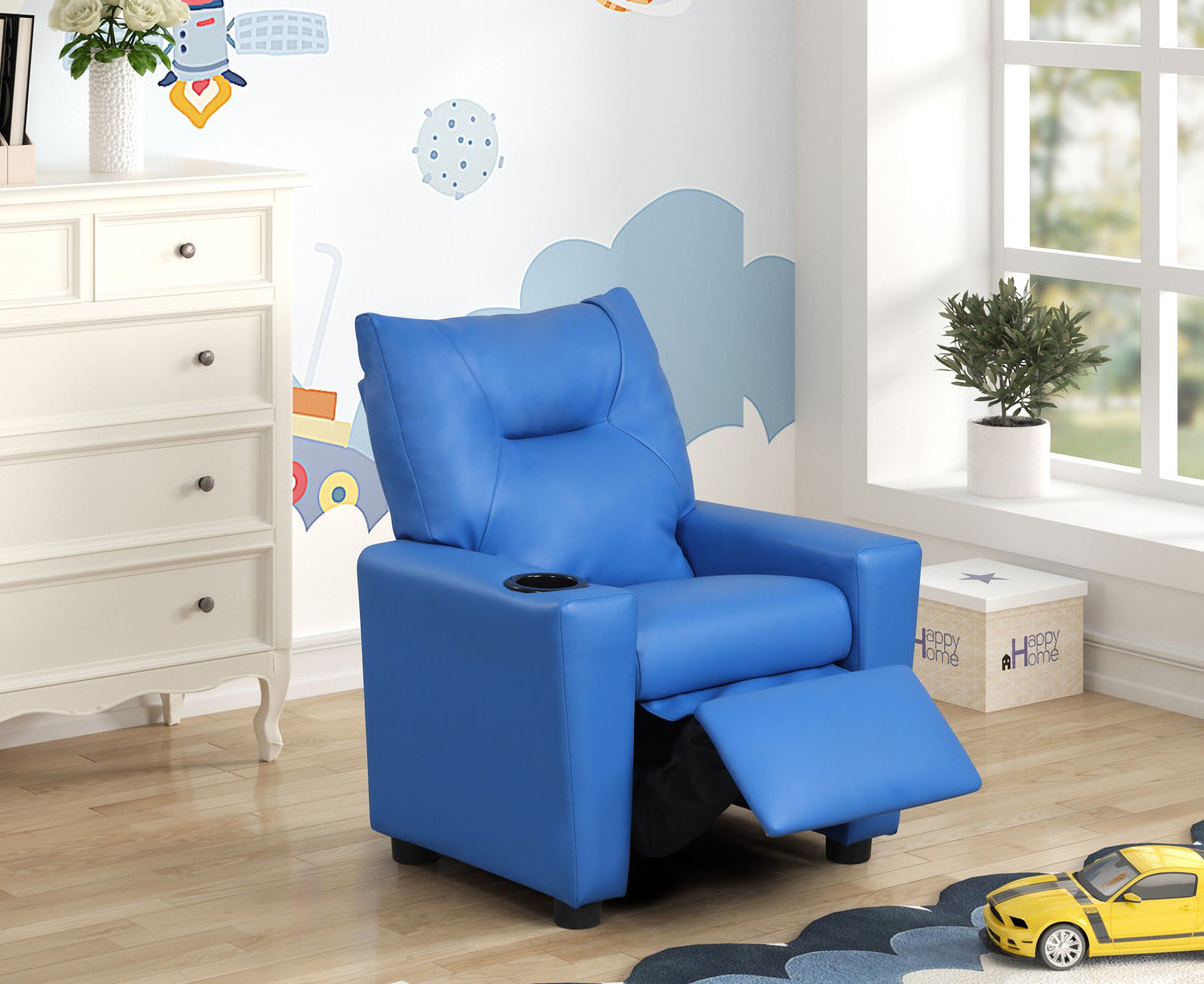 The appearance of Perline 23 Inch PVC Fabric Kids Recliner Chair with Cupholder In Blue designed by Lilola Home in the modern / contemporary interior design. This blue piece of furniture was selected by 1StopBedrooms from Perline Collection to add a touch of cosiness and style into your home. Sku: 88846. Material: PVC.