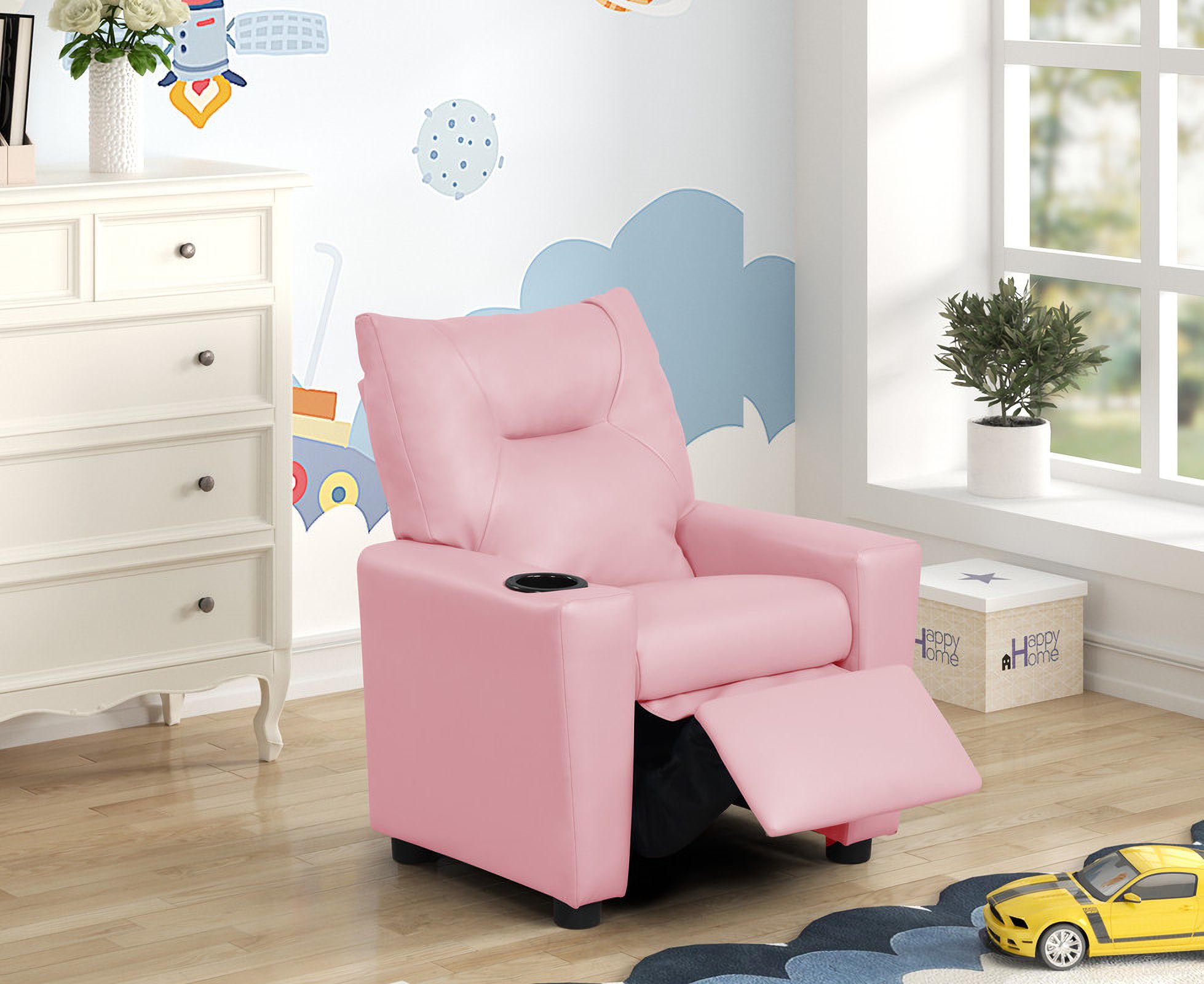 Perline 23 Inch PVC Fabric Kids Recliner Chair with Cupholder In Pink