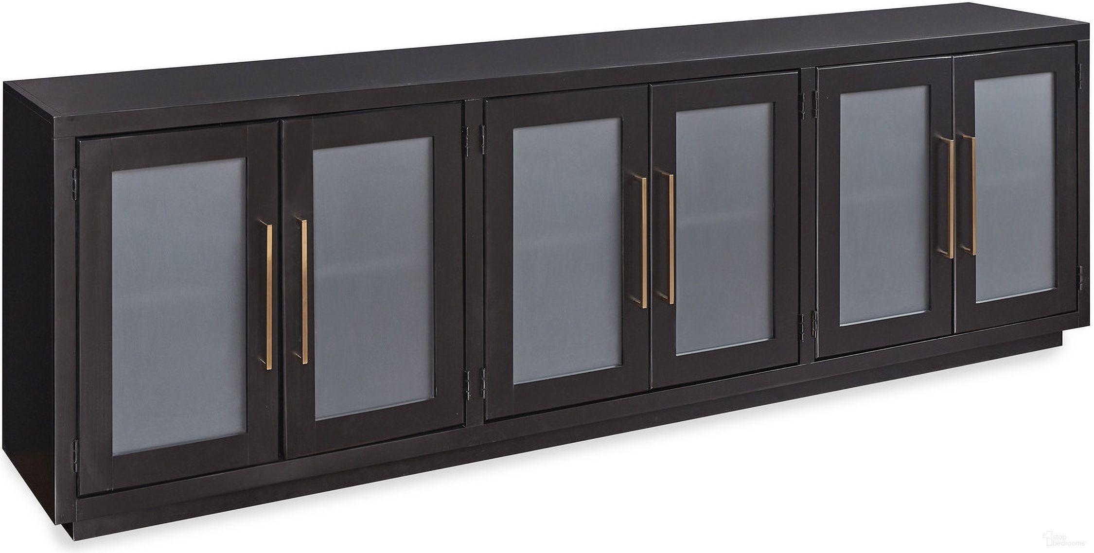 The appearance of Perry 97 Inch Console with 6 Doors In Black designed by Aspenhome in the modern / contemporary interior design. This black piece of furniture  was selected by 1StopBedrooms from Perry Collection to add a touch of cosiness and style into your home. Sku: MAA1270-BLK. Material: Wood.