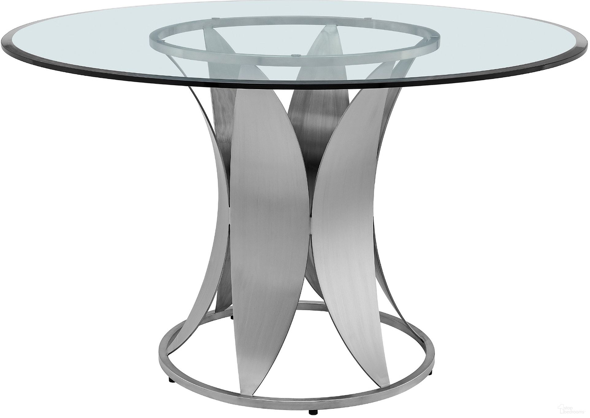 The appearance of Petal Modern Glass and Stainless Steel Round Pedestal Dining Table designed by Armen Living in the modern / contemporary interior design. This stainless steel piece of furniture  was selected by 1StopBedrooms from Petal Collection to add a touch of cosiness and style into your home. Sku: LCPTDIBSBASE;LCPTDIGLTOP. Table Base Style: Pedestal. Table Top Shape: Round. Material: Stainless Steel. Size: 48".