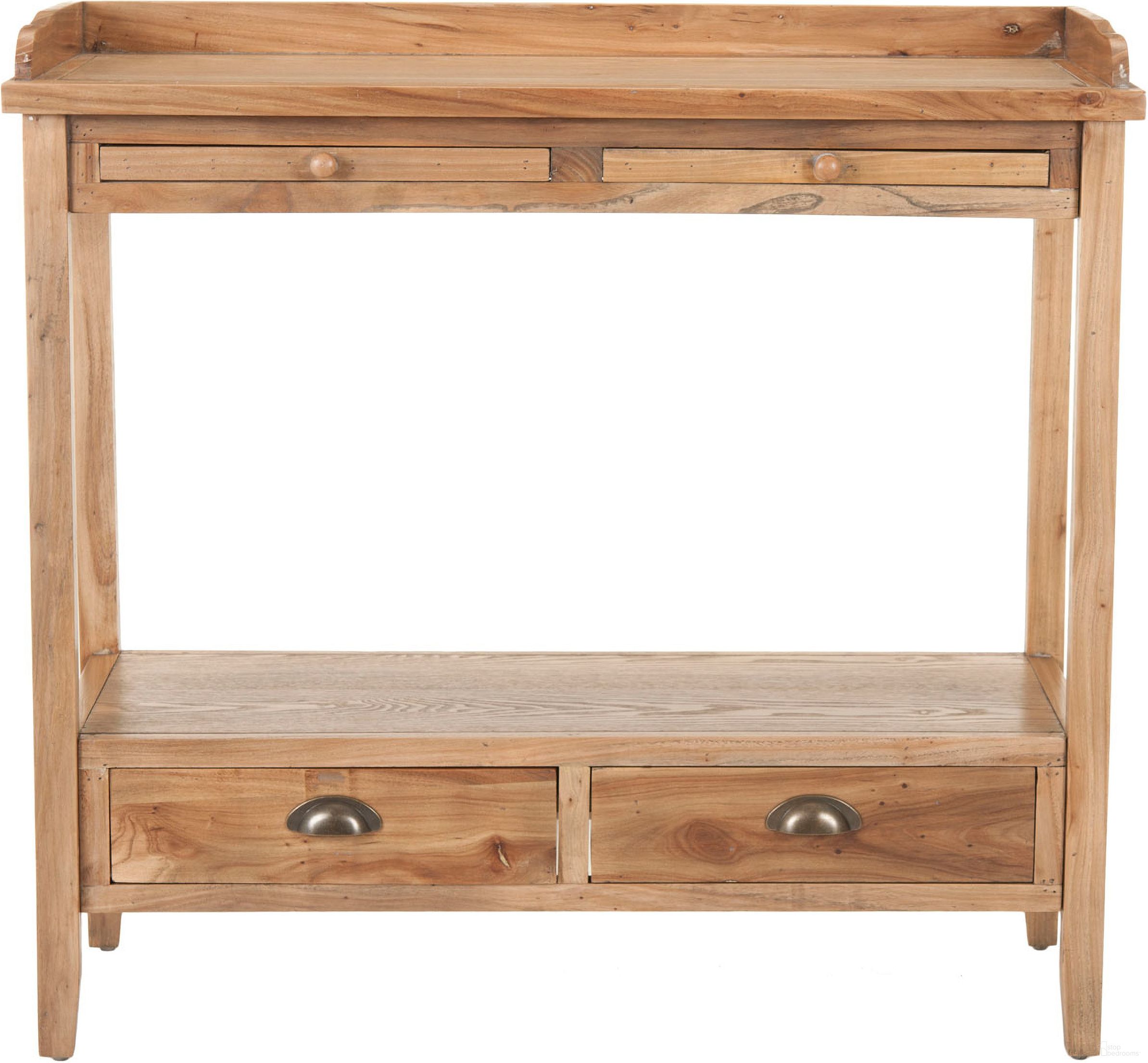 The appearance of Peter Oak Console with 2 Storage Drawers designed by Safavieh in the traditional interior design. This weathered oak piece of furniture  was selected by 1StopBedrooms from Peter Collection to add a touch of cosiness and style into your home. Sku: AMH6571A. Material: Wood.