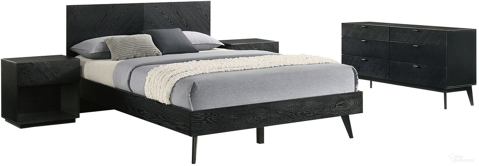 The appearance of Petra 4 Piece Wood Queen Bedroom Set In Black designed by Armen Living in the transitional interior design. This black piece of furniture was selected by 1StopBedrooms from Petra Collection to add a touch of cosiness and style into your home. Sku: LCPTBDQNBLKBX1;LCPTBDQNBLKBX2;LCPTBDQNBLKBX3;LCPTLABLK;LCPTLABLK;LCPTDRBLK. Material: Wood. Bed Size: Queen.