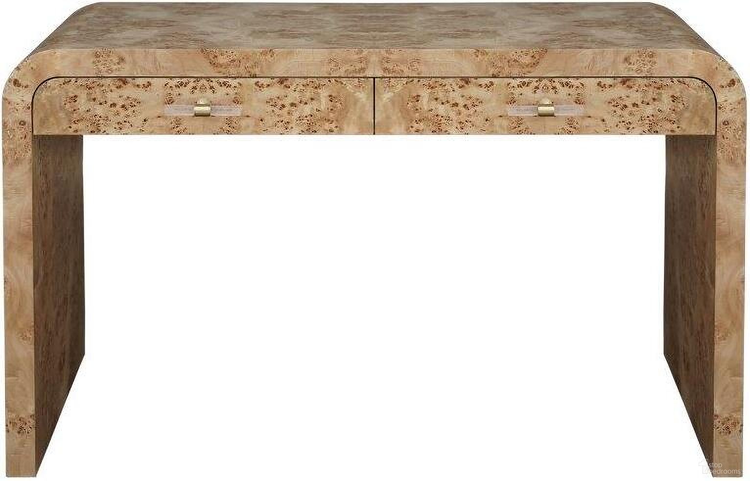 The appearance of Petra Burl Wood Waterfall Edge Desk designed by Worlds Away in the modern / contemporary interior design. This beige piece of furniture  was selected by 1StopBedrooms from Petra Collection to add a touch of cosiness and style into your home. Sku: PETRA BW. Material: Metal.