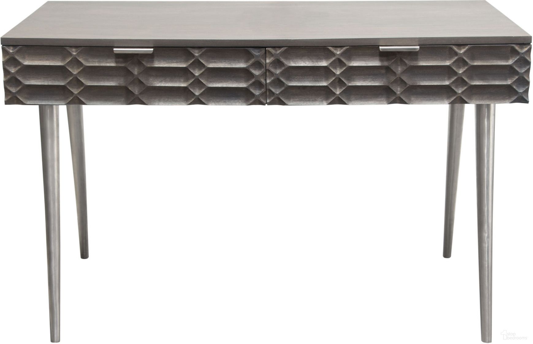 Petra Solid Mango Wood 2-Drawer Writing Desk in Smoke Grey Finish with Nickel Legs