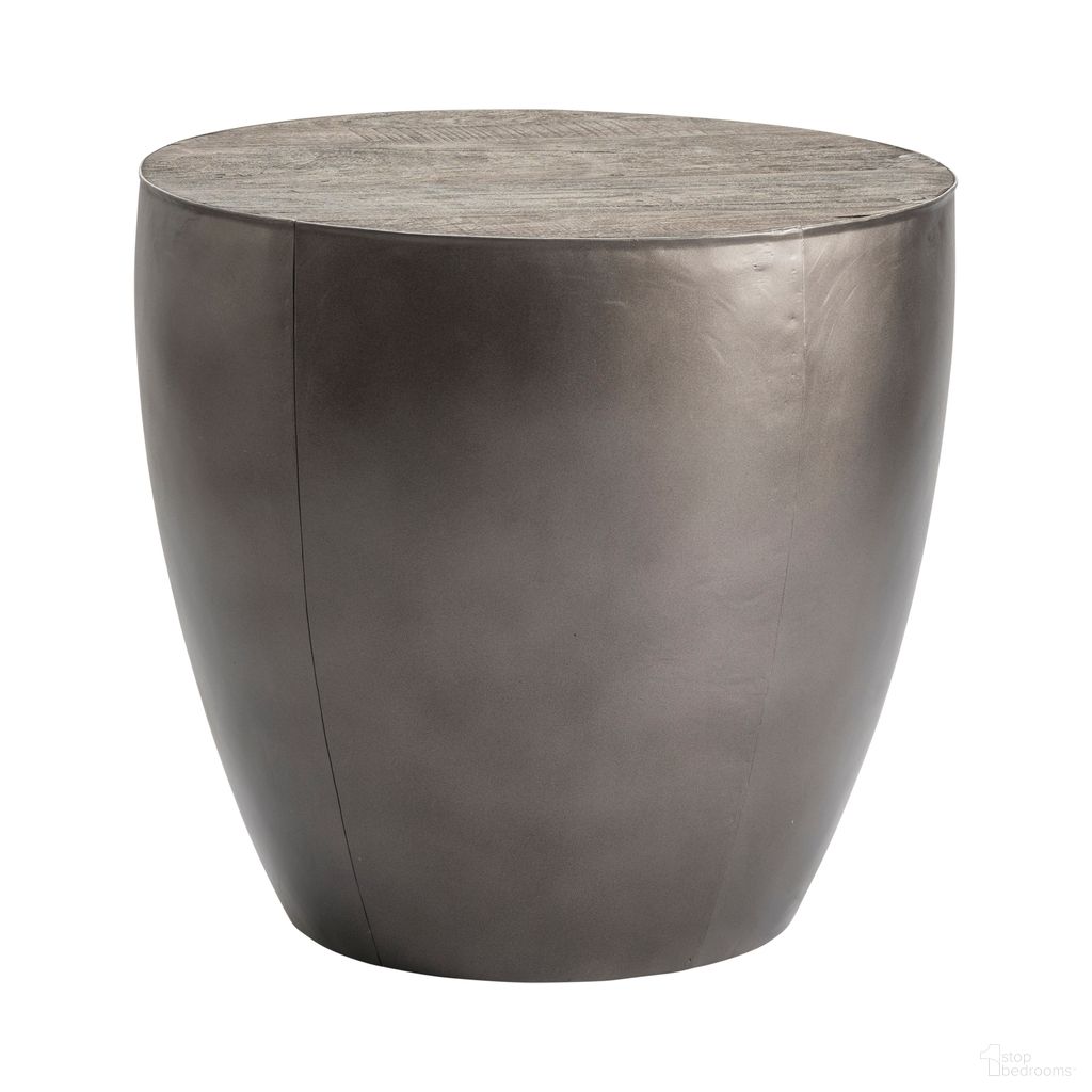 Pewter Drum End Table With Wood Top In Gray