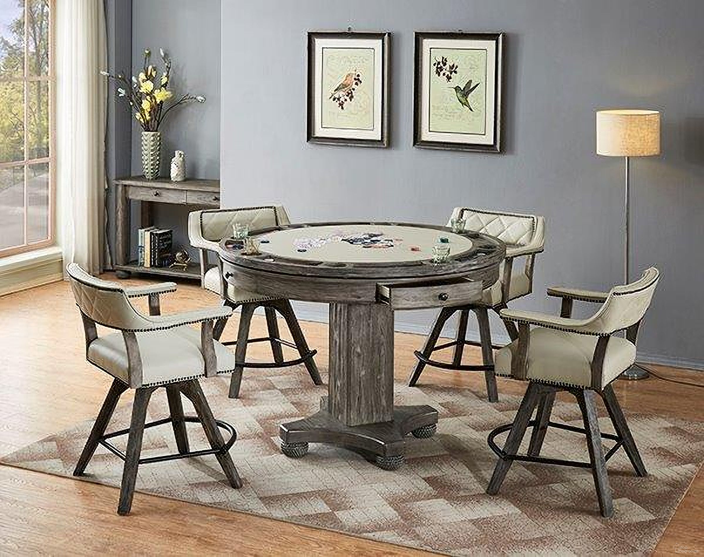 The appearance of PGA Round Counter Height Game Table, Distressed Gray designed by ECI in the modern / contemporary interior design. This distressed gray piece of furniture  was selected by 1StopBedrooms from Pga Collection to add a touch of cosiness and style into your home. Sku: 0921-95-RCGB;0921-95-RCGT. Material: Wood.