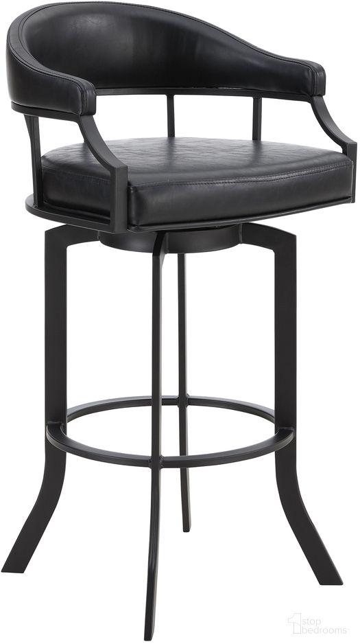 The appearance of Pharaoh Swivel 30 Inch Black Powder Coated and Black Faux Leather Metal Bar Stool designed by Armen Living in the modern / contemporary interior design. This black piece of furniture was selected by 1StopBedrooms from Pharaoh Collection to add a touch of cosiness and style into your home. Sku: 721535743322. Material: Metal.