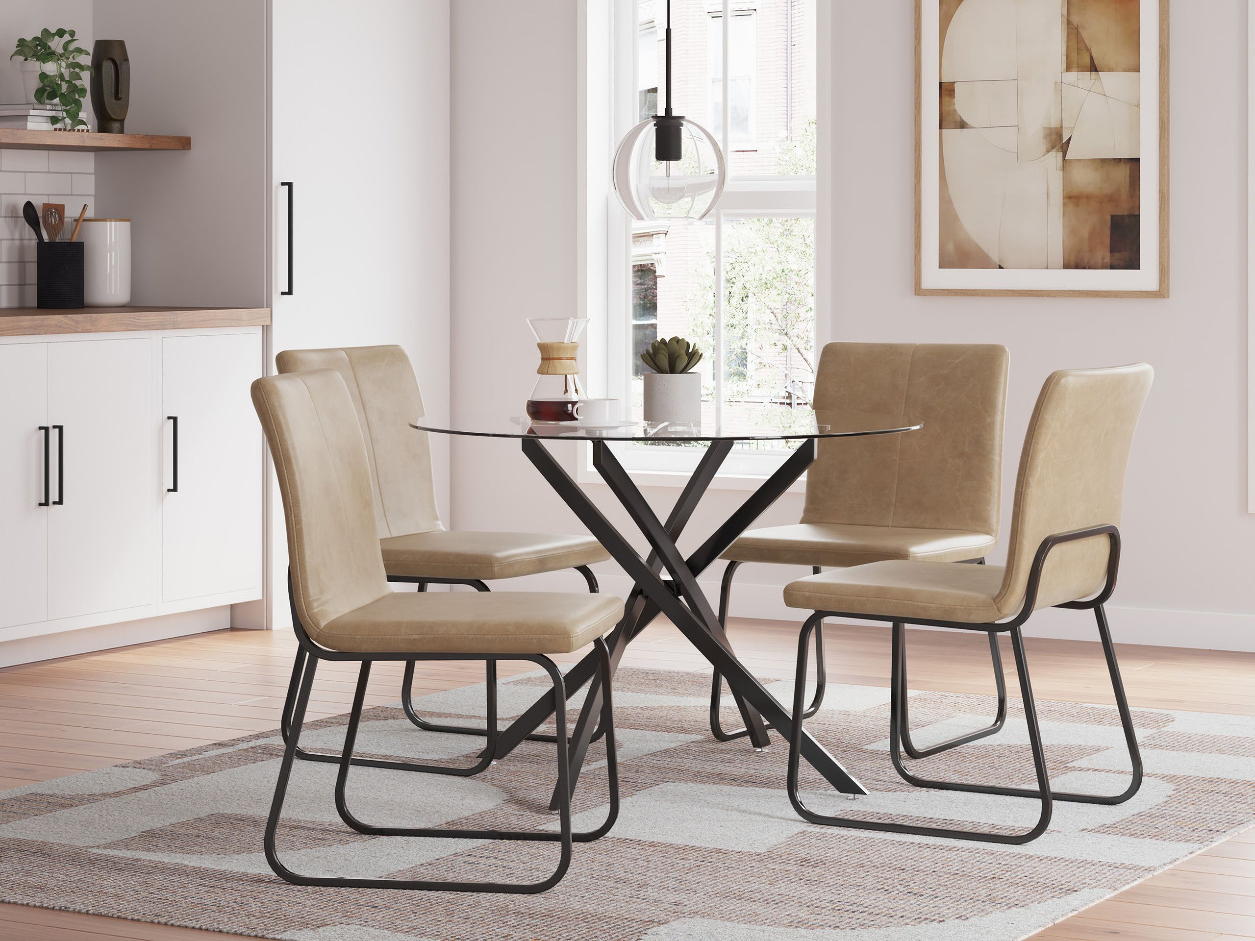 The appearance of Pharwynn Dining Room Set In Toast and Black designed by Signature Design by Ashley in the modern / contemporary interior design. This toast and black piece of furniture was selected by 1StopBedrooms from Pharwynn Collection to add a touch of cosiness and style into your home. Sku: D446-15;D446-02;D446-02;D446-02;D446-02. Table Base Style: Legs. Table Top Shape: Round. Material: Glass.