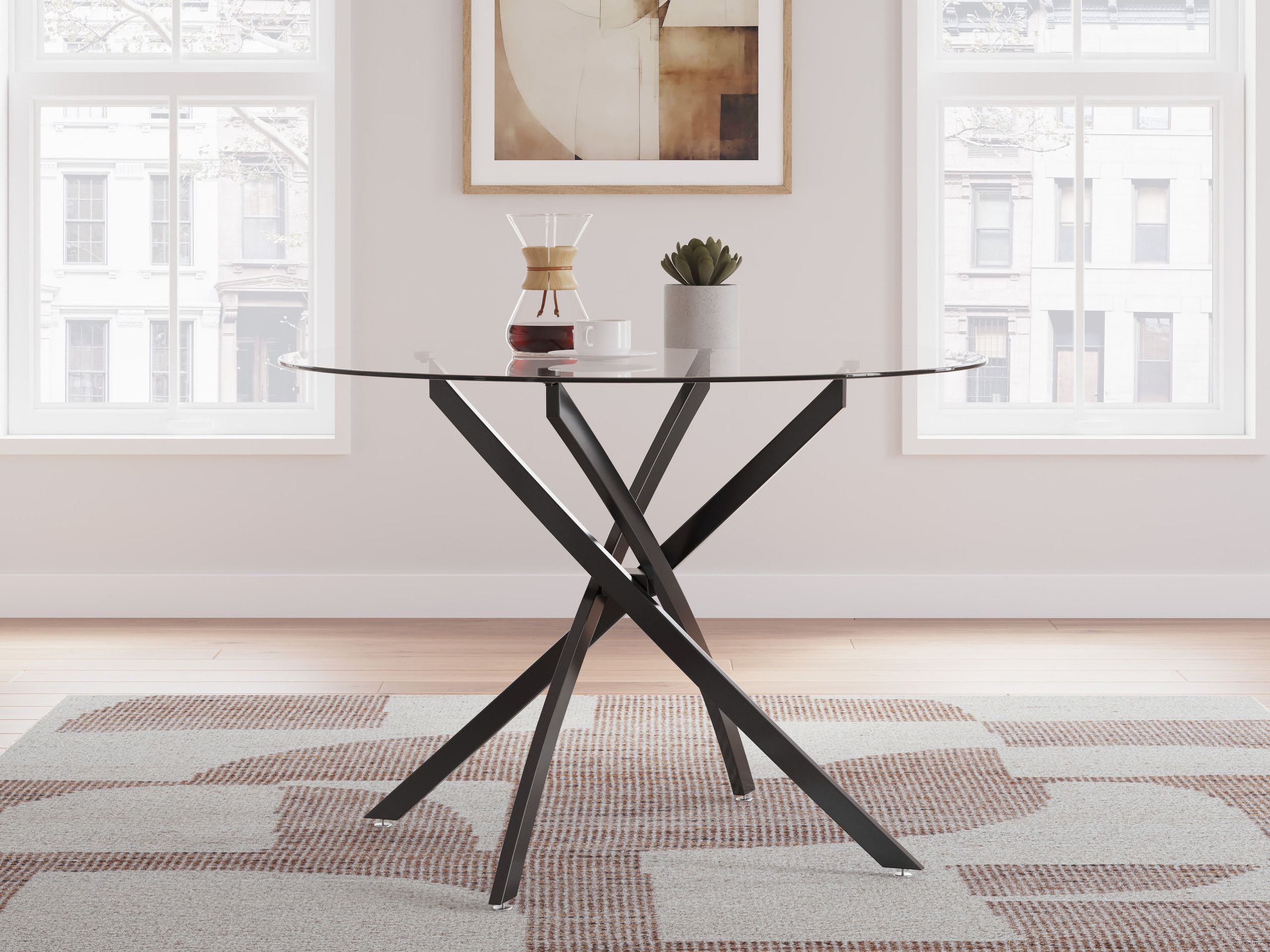 The appearance of Pharwynn Dining Table In Black designed by Signature Design by Ashley in the modern / contemporary interior design. This black piece of furniture was selected by 1StopBedrooms from Pharwynn Collection to add a touch of cosiness and style into your home. Sku: D446-15. Table Base Style: Legs. Table Top Shape: Round. Material: Glass. Size: 42".