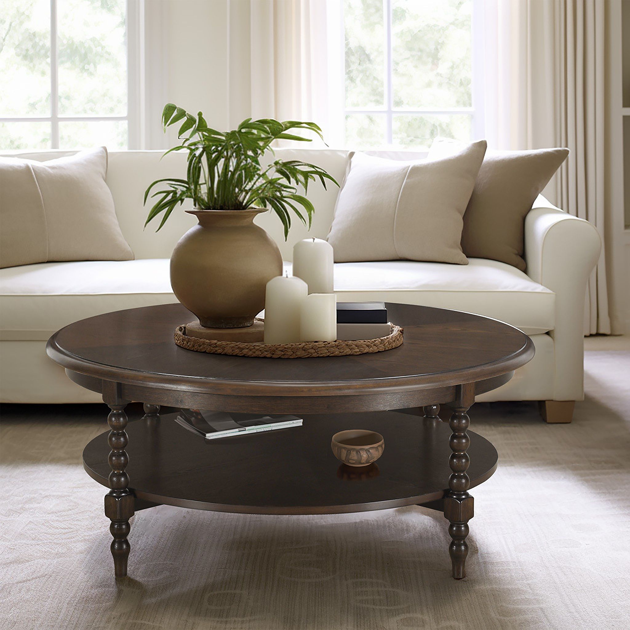 The appearance of Philippe Round Coffee Table with Shelf In Brown designed by Olliix in the traditional interior design. This brown piece of furniture was selected by 1StopBedrooms from Philippe Collection to add a touch of cosiness and style into your home. Sku: MT120-1202. Material: Wood.